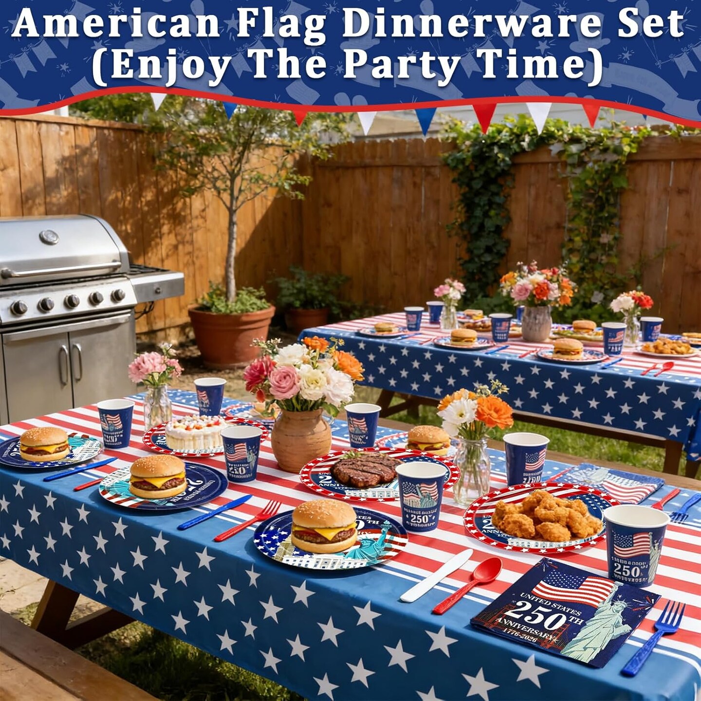 212PCS USA 250th Anniversary Patriotic Party Supplies Set for 30 Guests – American Flag 4th of July Disposable Tableware with Plates, Cups, Napkins, Cutlery & Tablecloths
