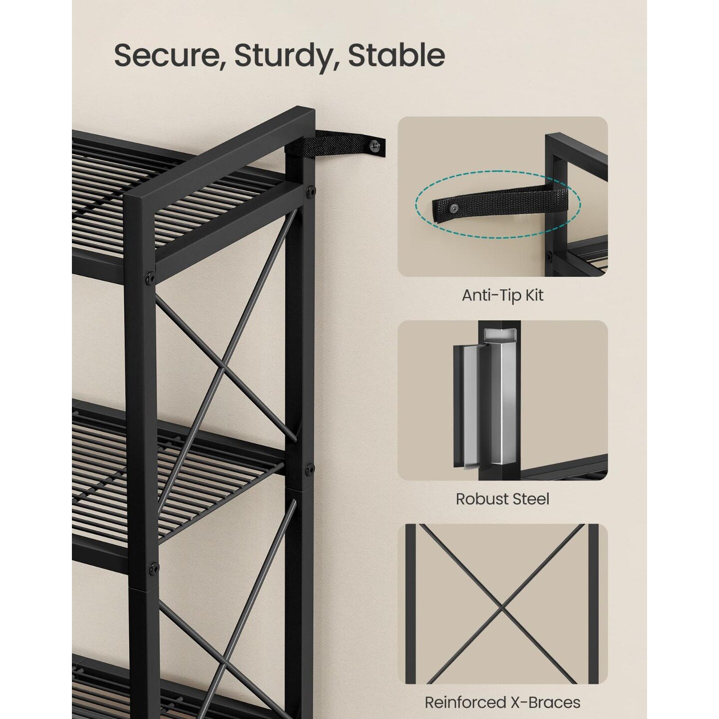 5 Tier Steel Storage Rack with Mesh Shelves, Multi Use Organizer Shelf Unit for Kitchen Bathroom Entryway with Adjustable Feet