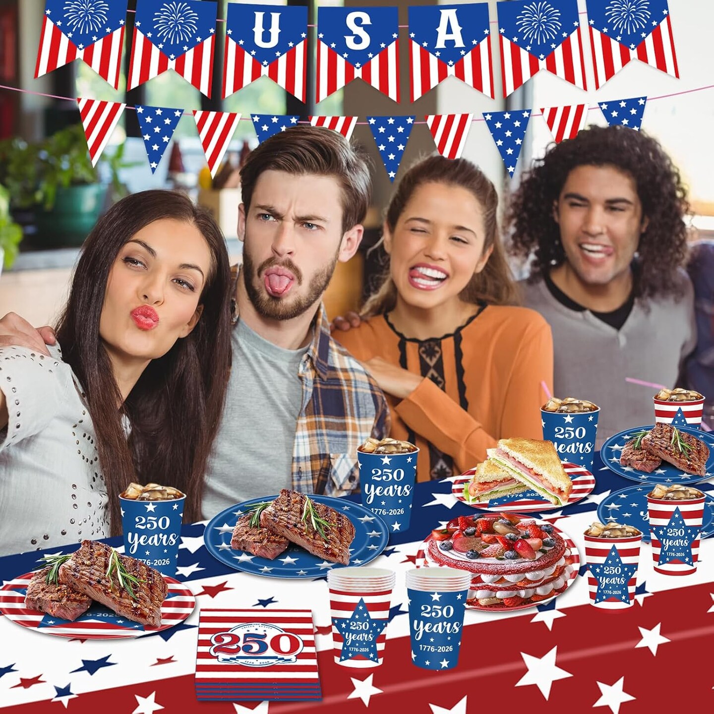 4th of July 250th Anniversary Patriotic Party Kit for 24 Guests – American Flag Disposable Tableware Set with Plates, Cups, Napkins, Tablecloth & Banners for Independence Day & Memorial Day