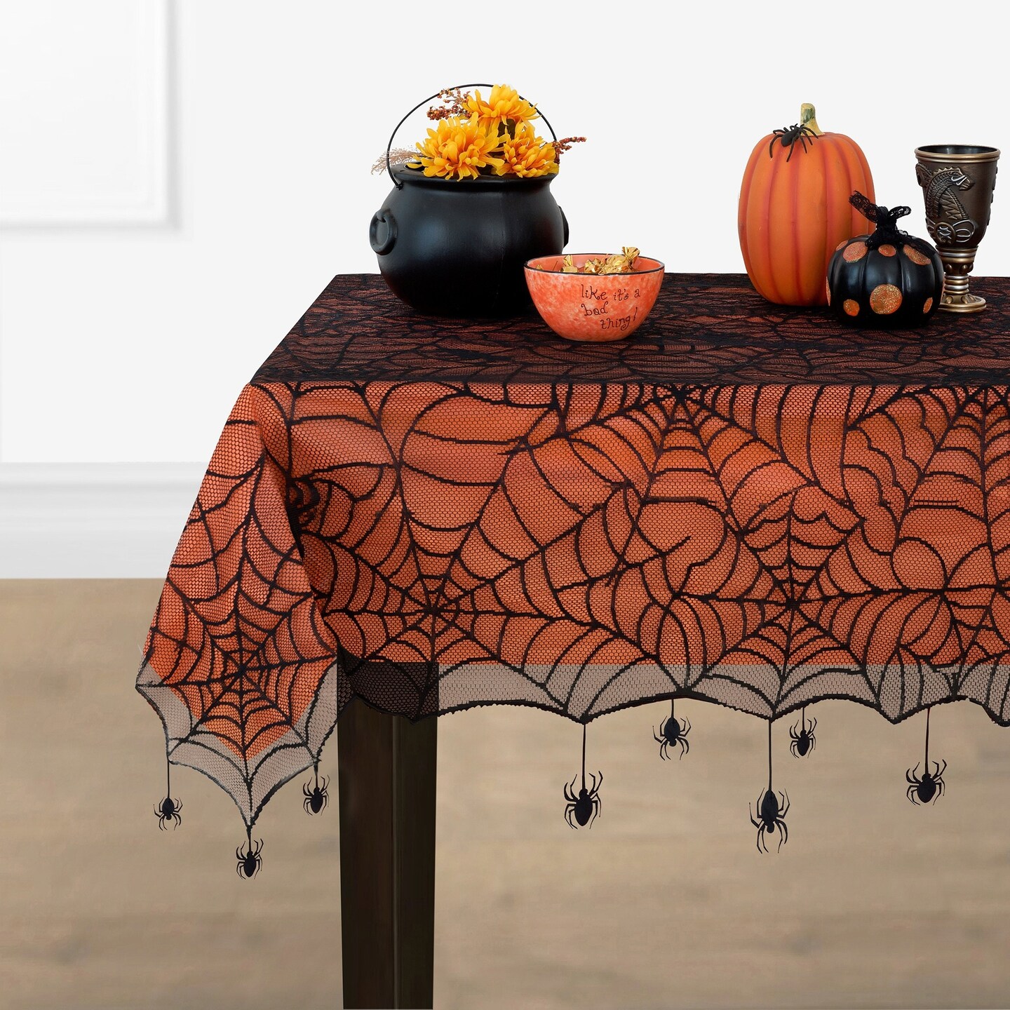 Threadmade Home Crawling Halloween Spider Lace Lined Tablecloth, Black - 60"W x 84"L