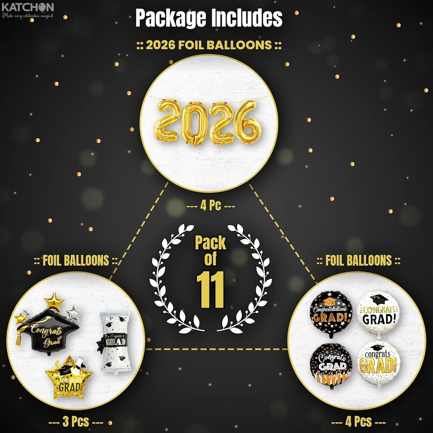 Graduation Party Balloons – Class of 2026 Pack of 11 Black & Gold Balloon Set with 28” Grad Cap, 2026 Number Balloons, Certificate & Star Foil Balloons for Graduation Decorations