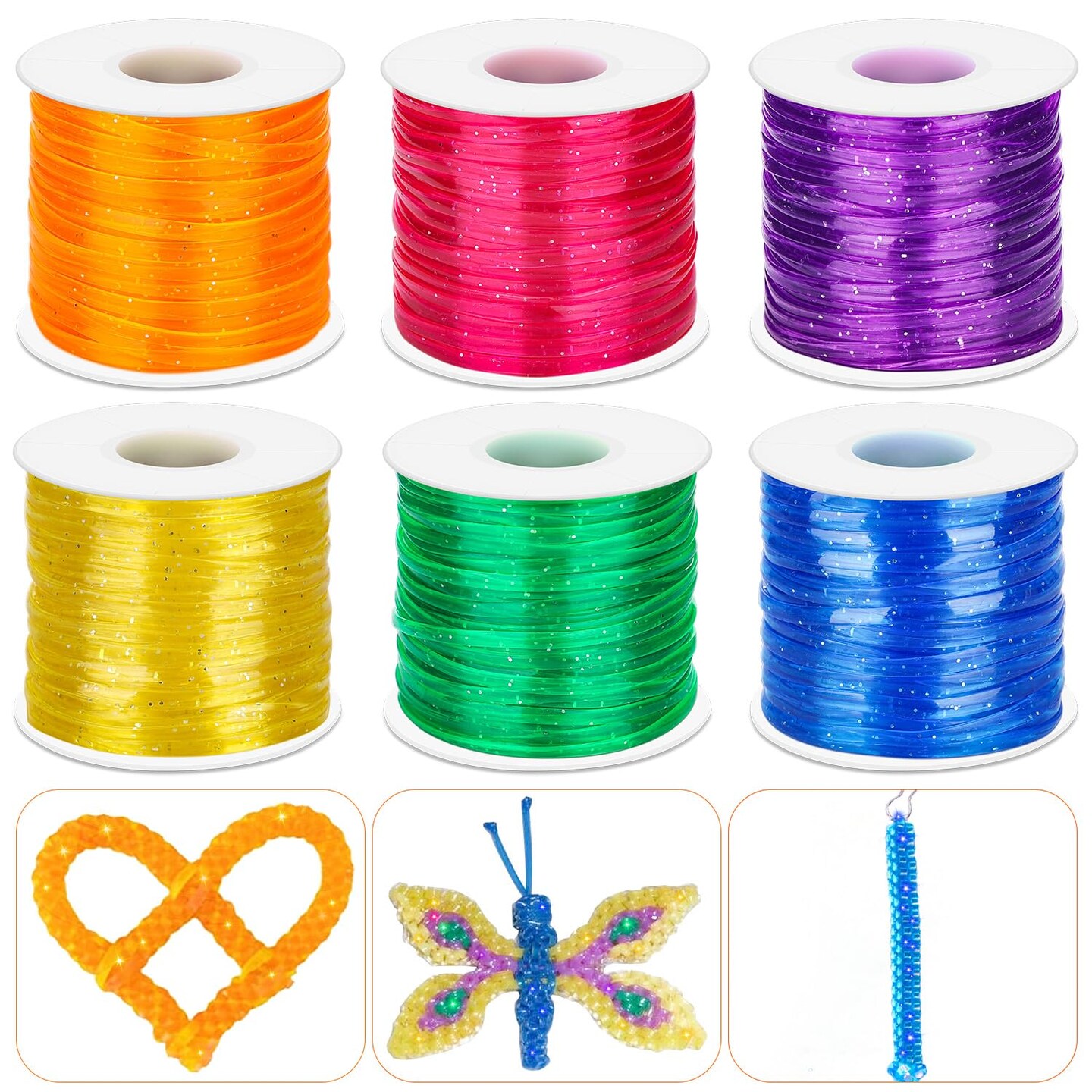 6 Pack Lanyard String Kit, Plastic Lacing Cord Gimp String Lanyard Weaving Kit for Boondoggle, Bracelets, Keychains, Crafts (Glitter)