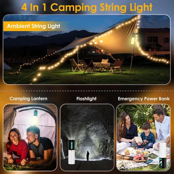 4-in-1 Rechargeable Camping String Light – 33FT LED Lantern with Power Bank & Carry Bag
