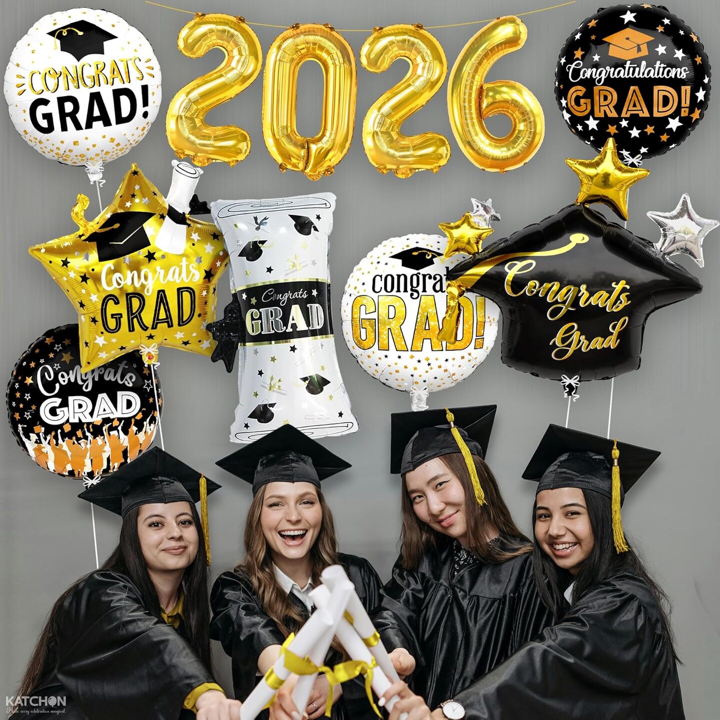 Graduation Party Balloons – Class of 2026 Pack of 11 Black & Gold Balloon Set with 28” Grad Cap, 2026 Number Balloons, Certificate & Star Foil Balloons for Graduation Decorations