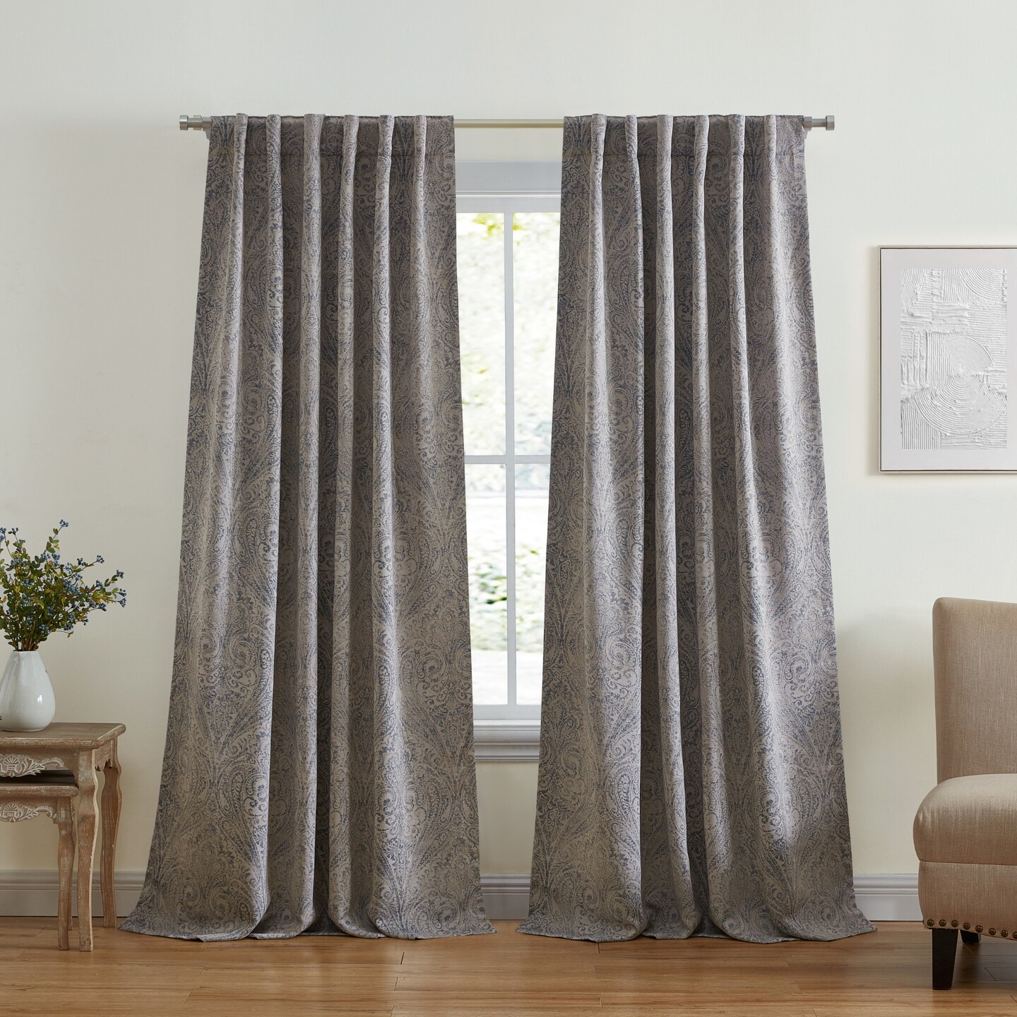 Threadmade Home Vittoria Paisley Printed Blackout Curtain Panel, Gray - 52"W x 95"L