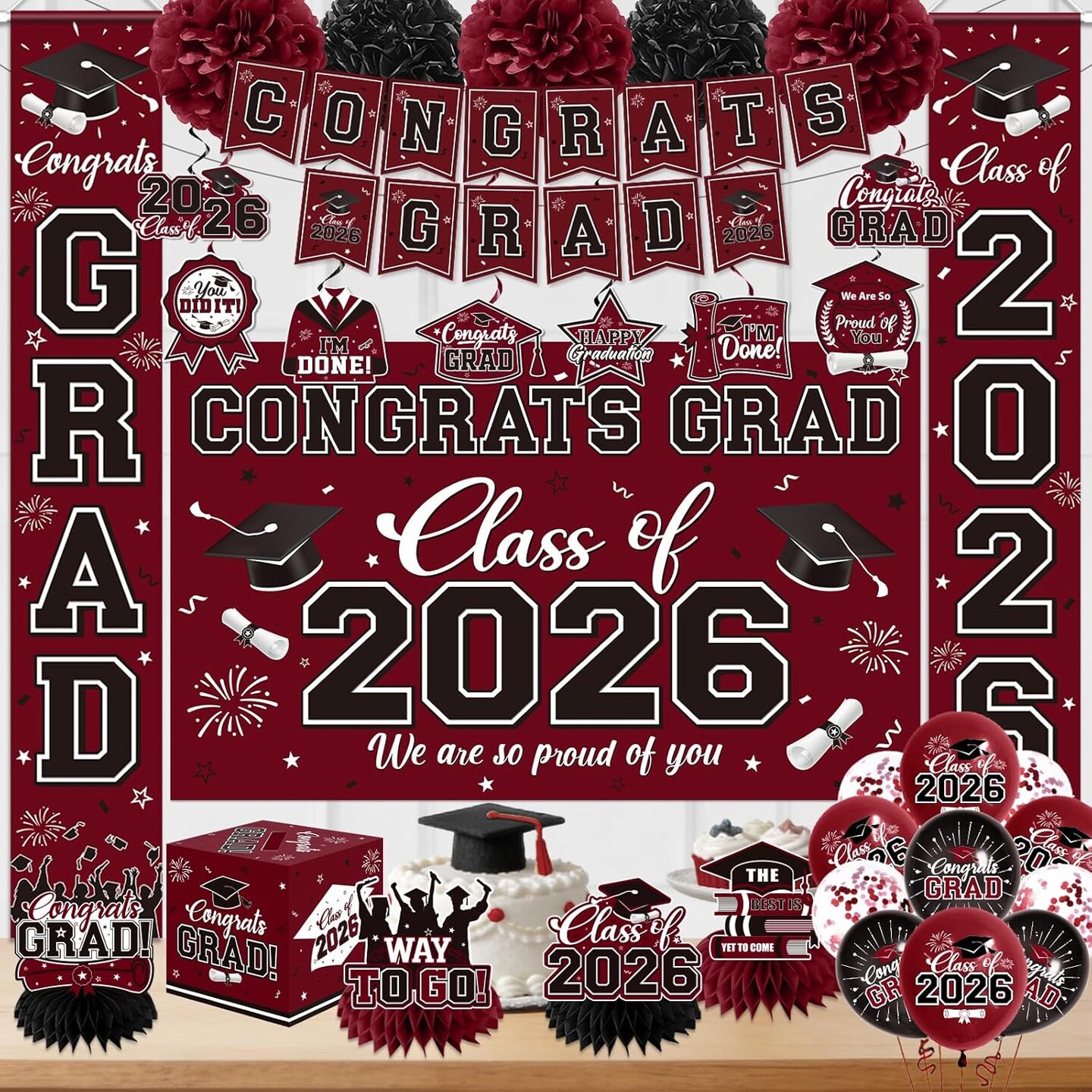 Graduation Party Decorations – Class of 2026 Maroon Complete Decor Set with Banner, Backdrop, Balloons, Streamers & Party Supplies for Graduation Celebrations