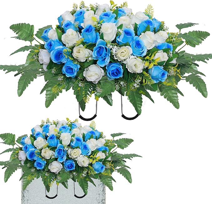 Artificial Cemetery Flower Saddles, Rose Headstone Flower Saddle Outdoor Grave Decorations,Cemetery Memorial Flowers with Vase for Grave Tombstone Decorations (Blue with White, Saddle)