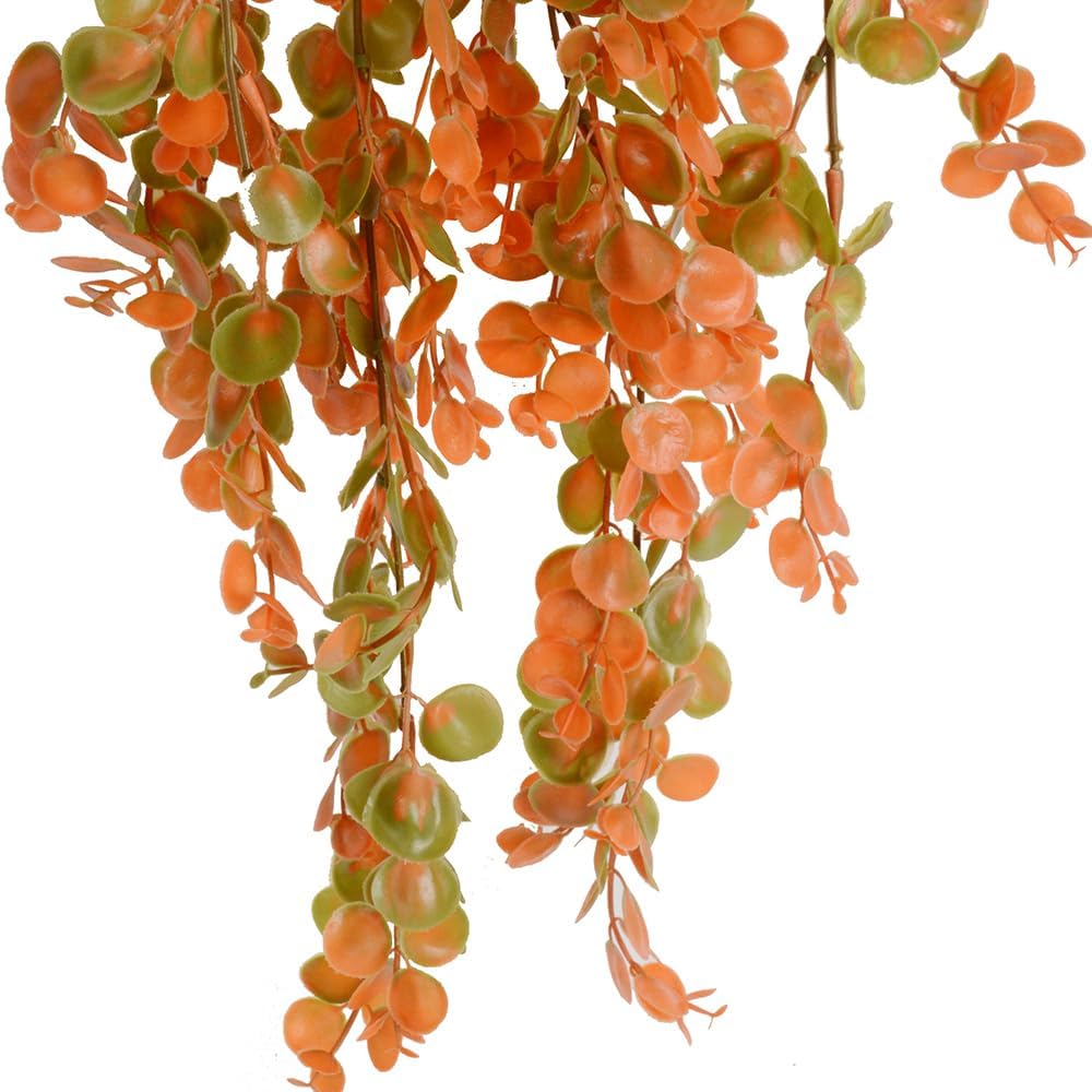 2 Pcs Artificial Hanging Fall Plants – Faux Eucalyptus Leaf Greenery Vines, UV-Resistant Outdoor Fake Plants for Home, Patio, Porch, Wall, Fall Décor (Orange)