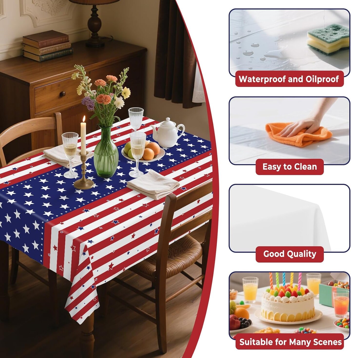 4th of July Table Cloths – 8 Pack American Flag Disposable Plastic Table Covers, 54" x 108" Rectangle, Waterproof Party Tablecloths for Independence Day
