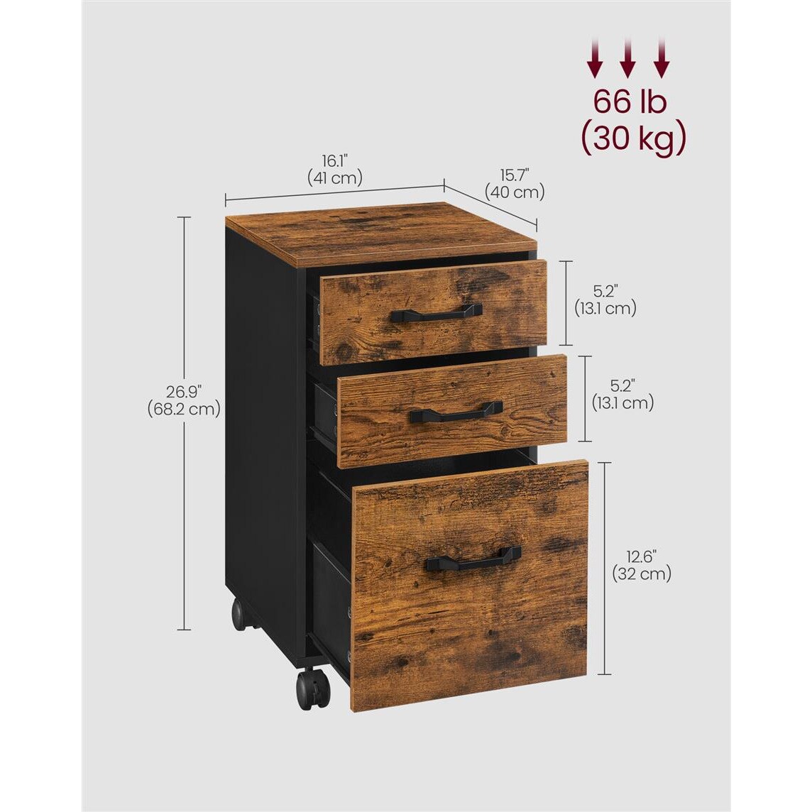 Mobile File Cabinet 3 Drawer Rolling Office Storage Unit with Locking Wheels A4 Letter Size Rustic Brown Ink Black