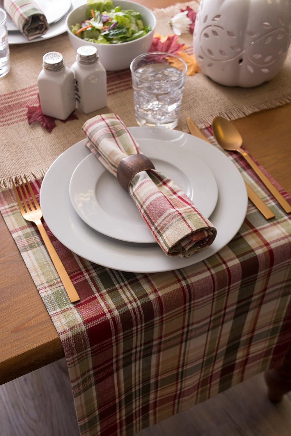 "Give Thanks" Plaid Fall Table Runner, 14x72 Inch 100% Cotton Thanksgiving Tabletop Decor, Classic Autumn Harvest Checked Linen for Dining, Foyer & Entryway Tables