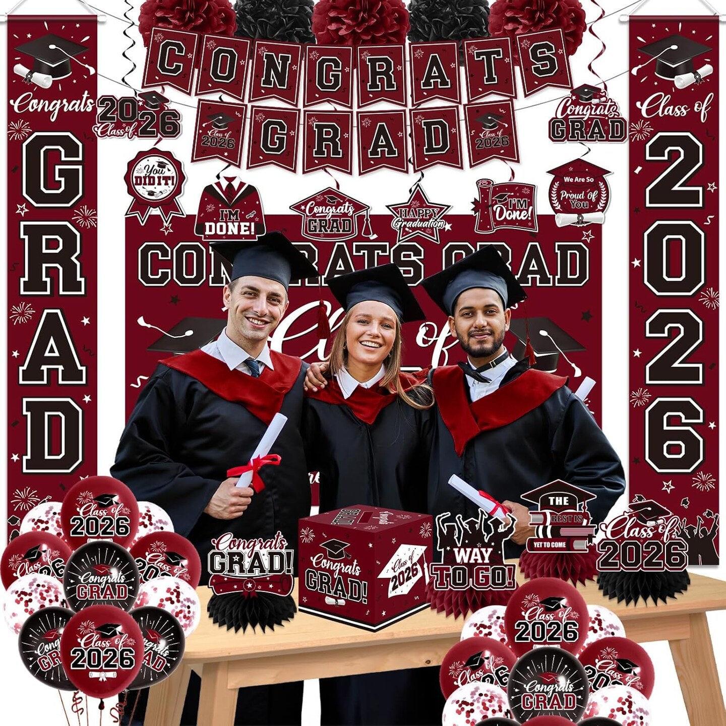 Graduation Party Decorations – Class of 2026 Maroon Complete Decor Set with Banner, Backdrop, Balloons, Streamers & Party Supplies for Graduation Celebrations