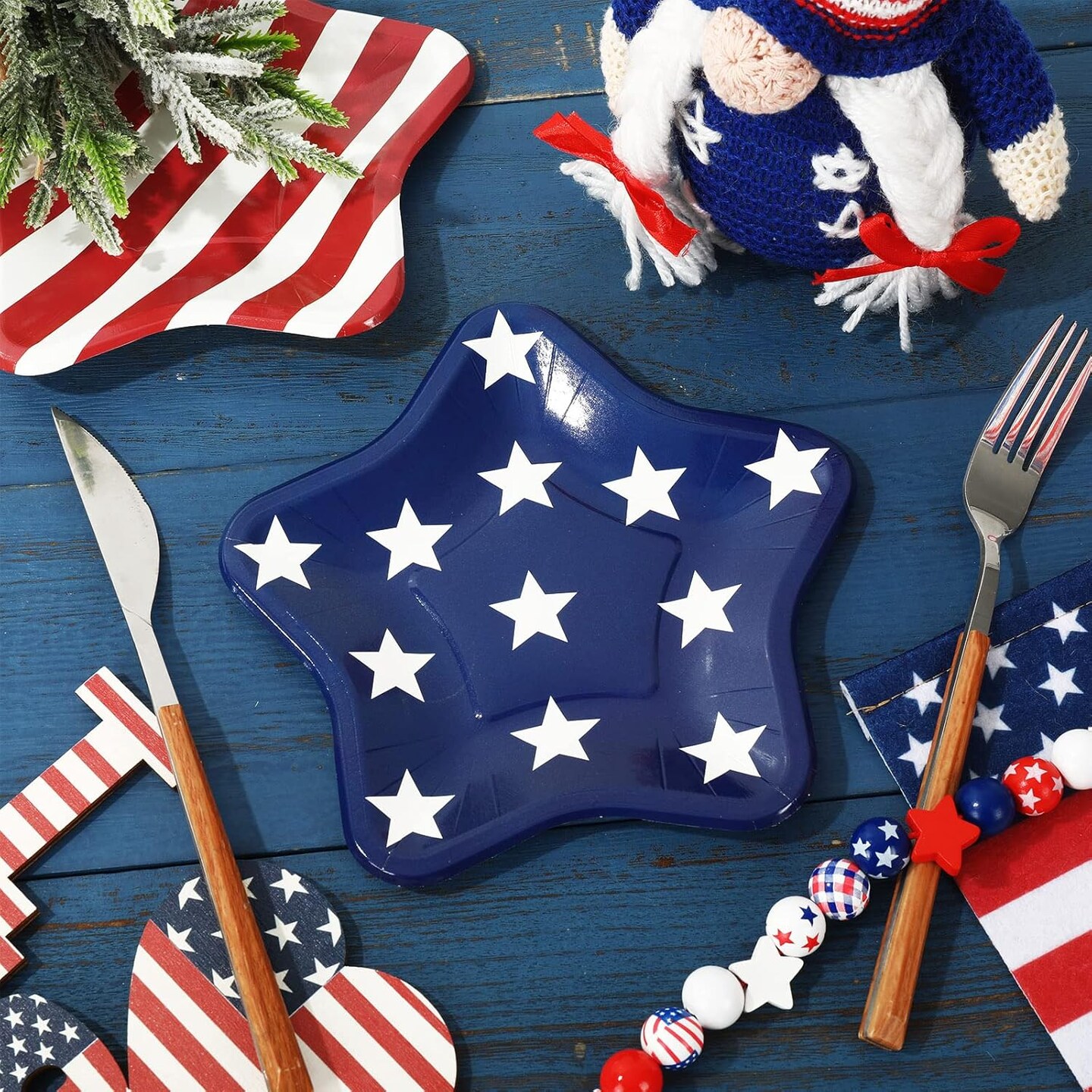 40PCS Patriotic Star-Shaped Paper Plates Set – Red Stripe & Blue Star Disposable 7.1" Plates for 4th of July, Independence Day, Veterans Day & 250th Anniversary Party Decorations