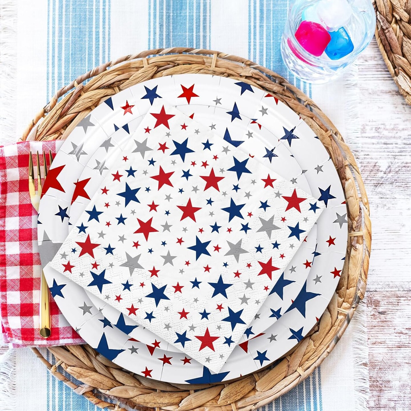 96PCS Patriotic Stars Tableware Set for 24 Guests – Red, Blue & Silver Disposable Dinnerware with Plates, Napkins & Cups for 4th of July, Memorial Day & Independence Day Celebrations