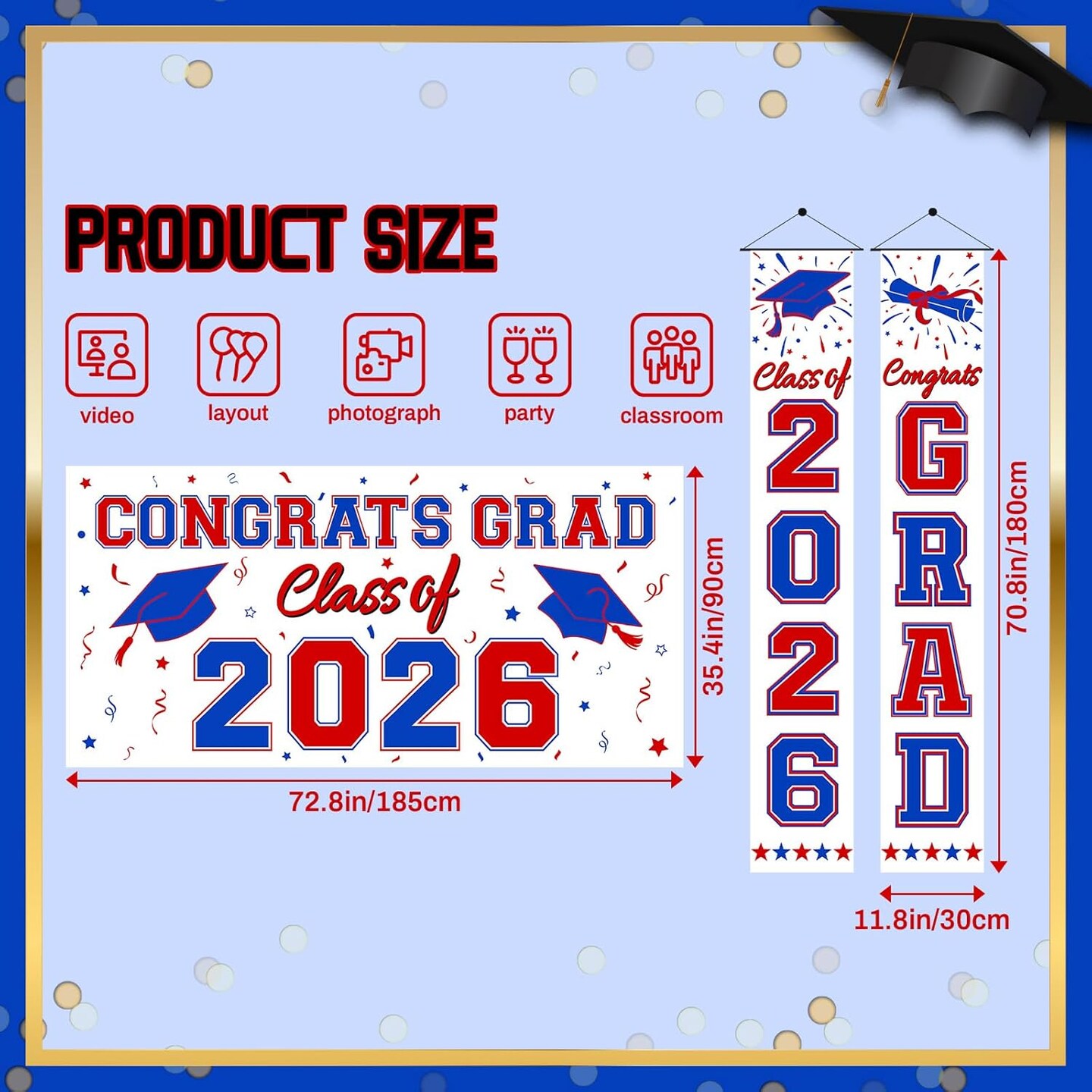 Graduation Party Decoration – Red & Blue Class of 2026 Large 3-Piece Congrats Grad Banner Set with Backdrop & Hanging Signs for Indoor & Outdoor Graduation Decor