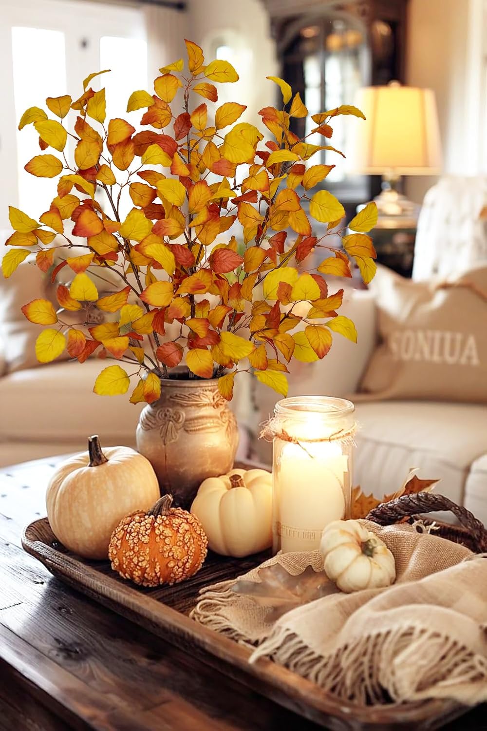 3PCS Artificial Fall Beech Leaf Branch Stems – 39" Gold Autumn Foliage Faux Fagus Sylvatica Silk Leaves for Floral Arrangements, Vase Centerpieces & Seasonal Home Decor