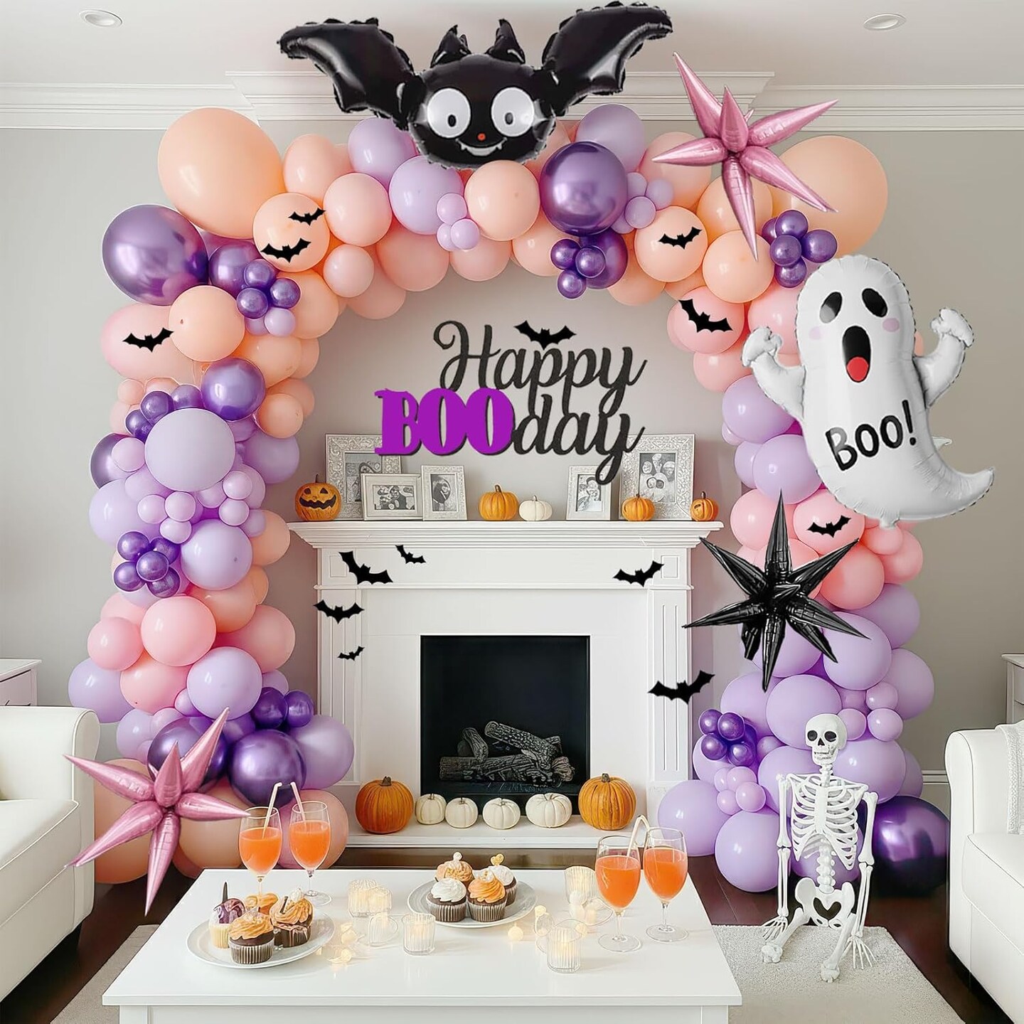 130pcs Pastel Halloween Balloon Garland Arch Kit – Purple, Pink & Orange Party Decorations with Bat and Ghost Foil Balloons for Birthday, Summerween, Baby Shower & Spooky Celebration Decor