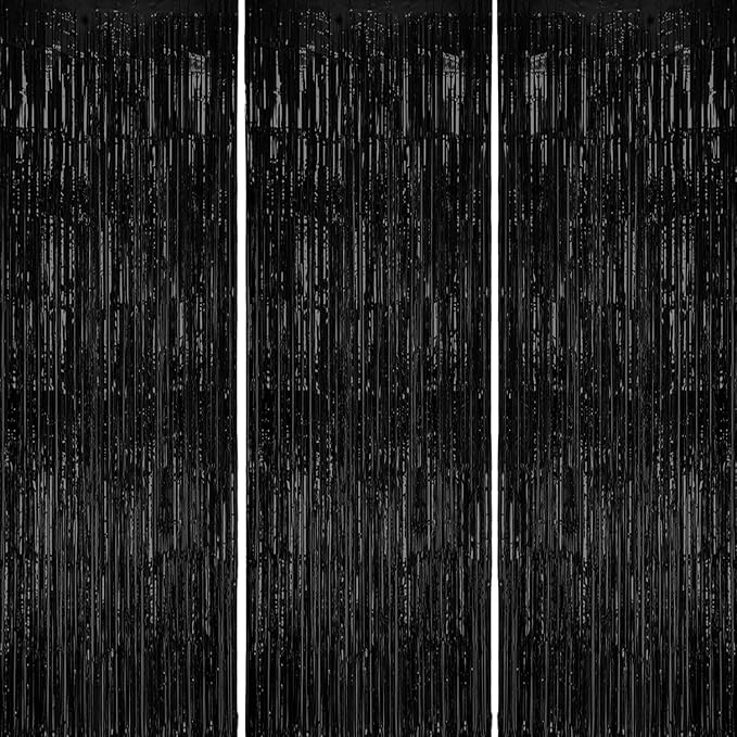 3-Pack Black Foil Fringe Curtains - 3.3 x 8.2ft Metallic Tinsel Backdrop - Shiny Photo Booth Props for Graduation, Birthdays, Weddings & Hollywood Theme Party Decorations
