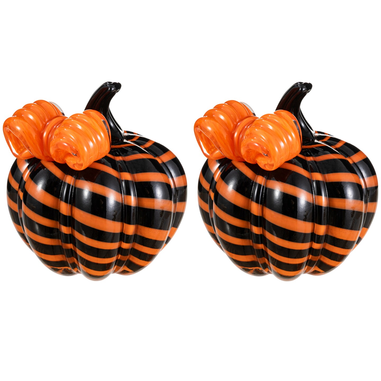 Michaels, Set of 2 4.75"H Halloween Striped Glass Pumpkin with Bow – Category: Decor Pumpkins