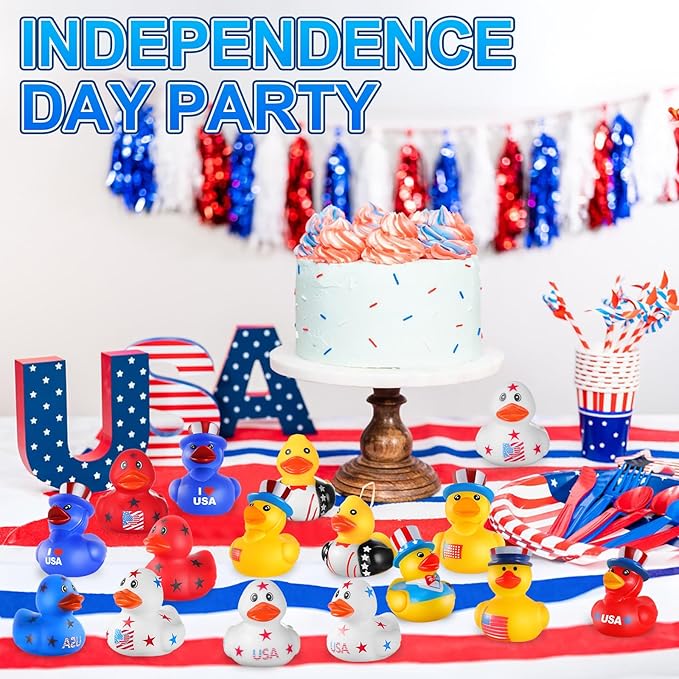 Patriotic Rubber Ducks - 24 Pcs Independence Day Novelty Funny Squeeze Baby Shower Bathtub Ducks for Fourth of July Party Supplies