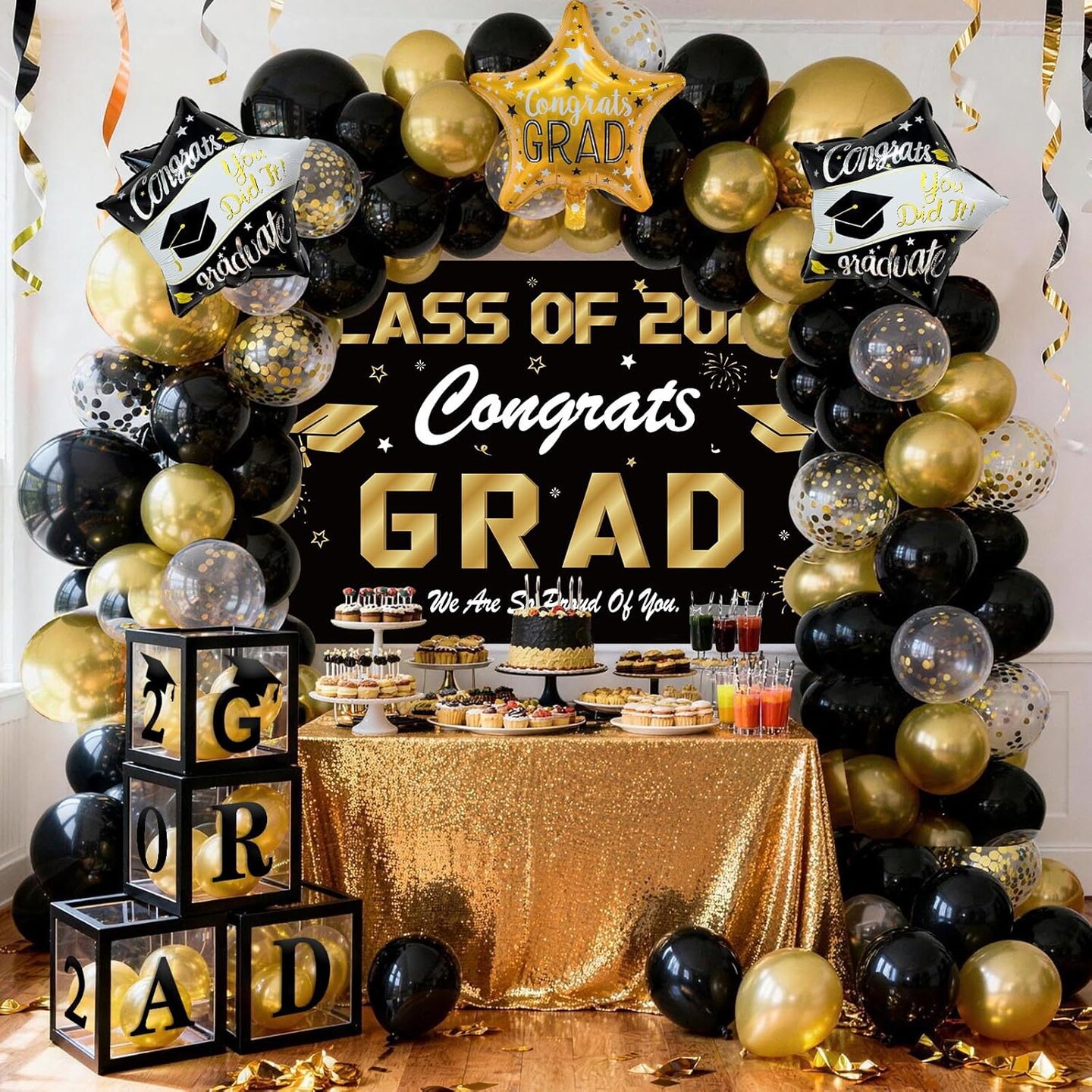 Graduation Party Balloons 2026 – 138PCS Black & Gold Graduation Decorations Set with Backdrop, Balloon Arch Kit & 2026 Grad Boxes