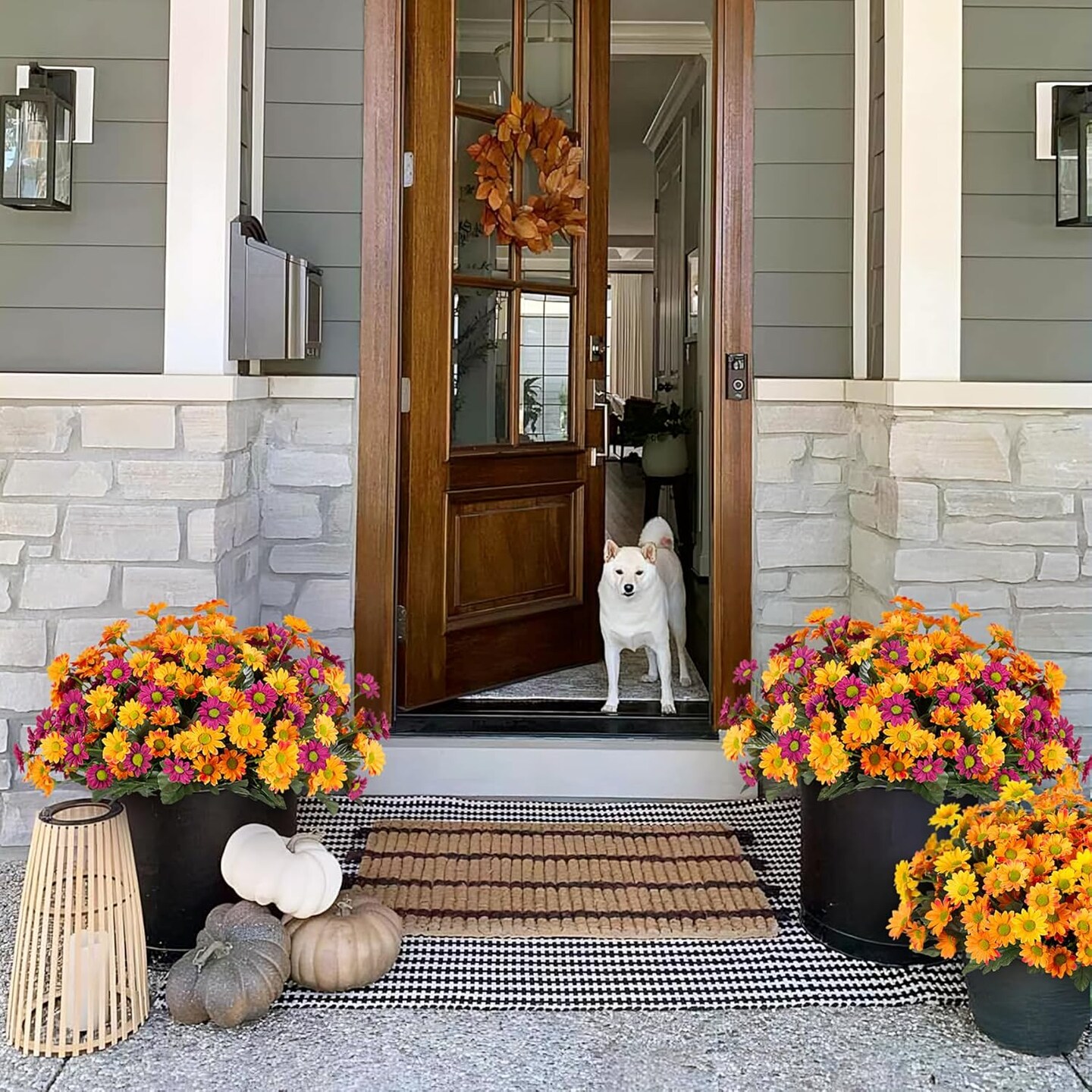 6 Bundles UV-Resistant Artificial Mums Daisy Flowers – Faux Silk Purple & Orange Spring Fall Plants for Outdoor Porch, Patio, Garden & Window Box Decor