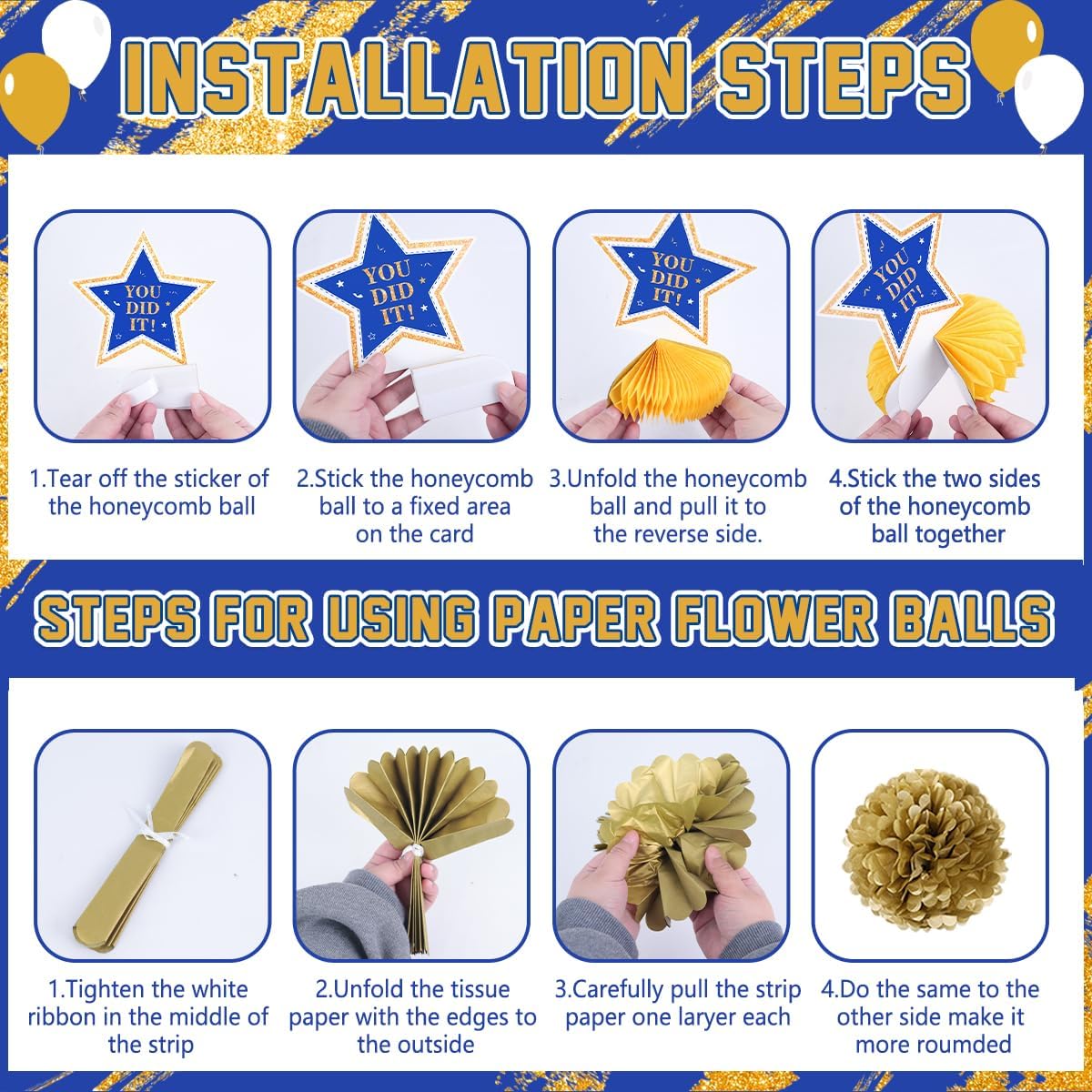 Graduation Party Decoration – Blue & Gold Class of 2026 Banner Kit with Congrats Grad Backdrop, Balloons, Paper Pompoms & Hanging Swirls, Complete Graduation Party Supplies Set