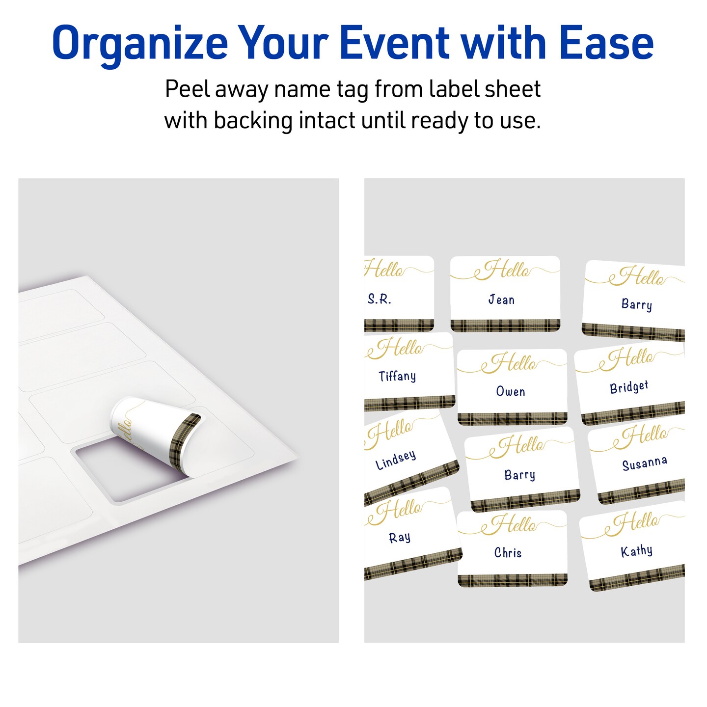 Avery® Printable Adhesive Name Tags, 2-1/3" x 3-3/8", Pre-printed Plaid & Metallic Gold Hello Design, 80 Total, Great for Meetings, Events, and More