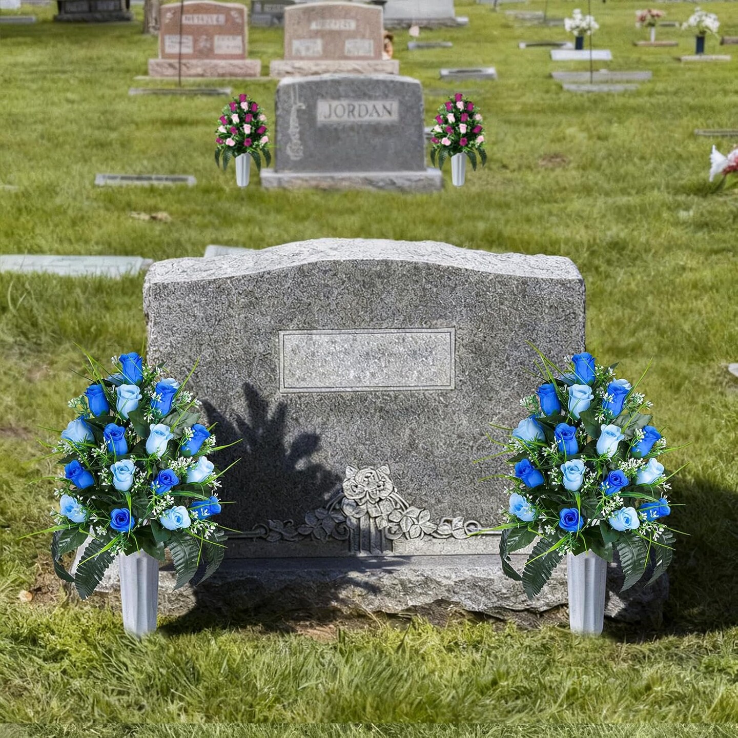 2 Sets Artificial Cemetery Flowers, Grave Decorations Roses, Memorial Flowers Bouquet with Vase for Grave Cemetery Decoration (Dark Blue&Light Blue)