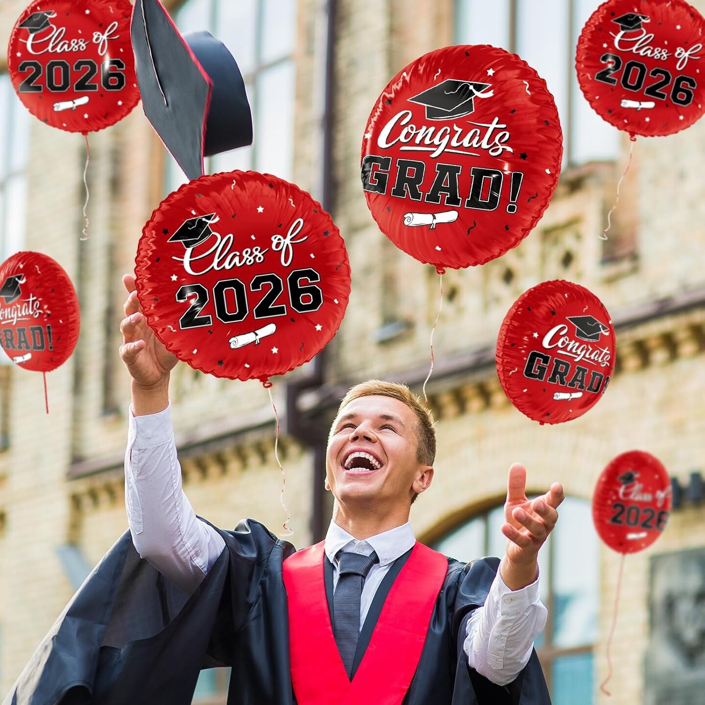 Graduation Party Balloons – Class of 2026 12-Piece 18” Red “Congrats Grad” Foil Balloon Set with Double-Sided Design for Graduation Decorations & Celebration Supplies