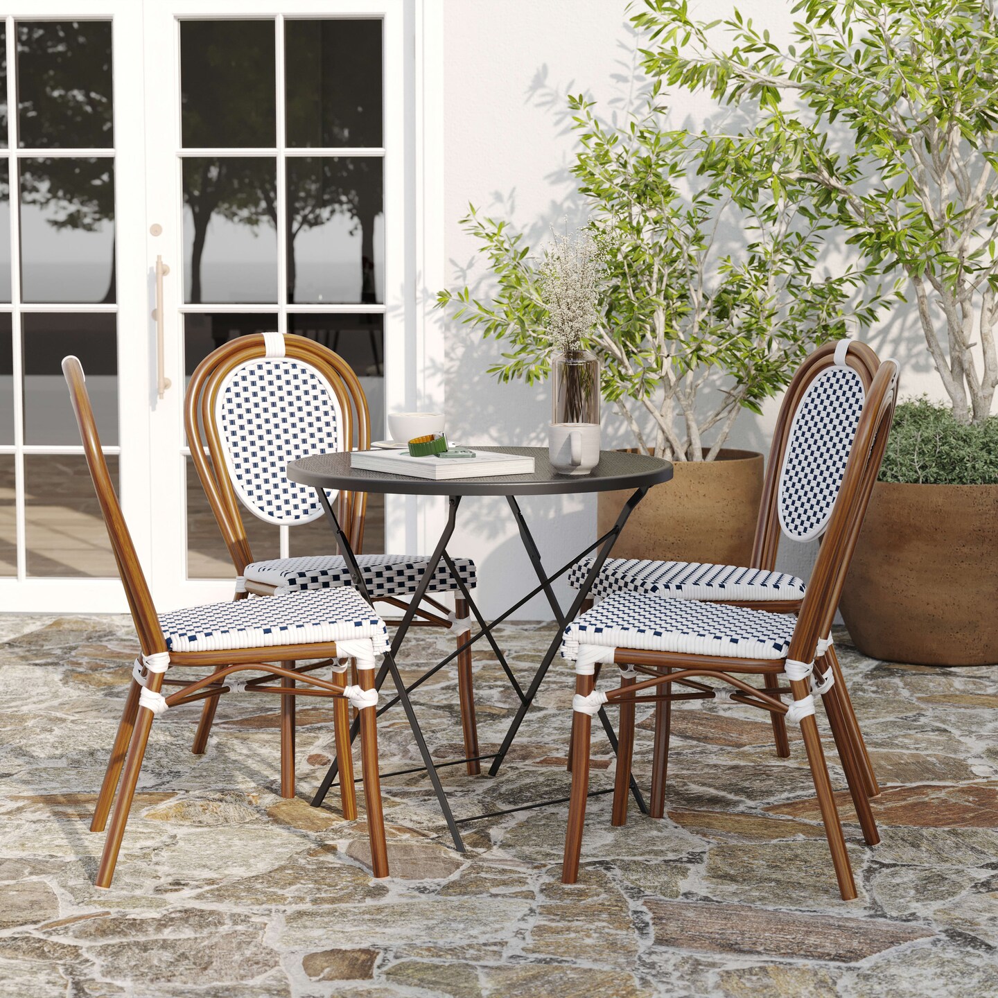 Merrick Lane Mael Set of Two Stacking Thonet Bistro Style Chair with Arms, Textilene Seat, and Bamboo Finished Metal Frame for Indoor/Outdoor Use