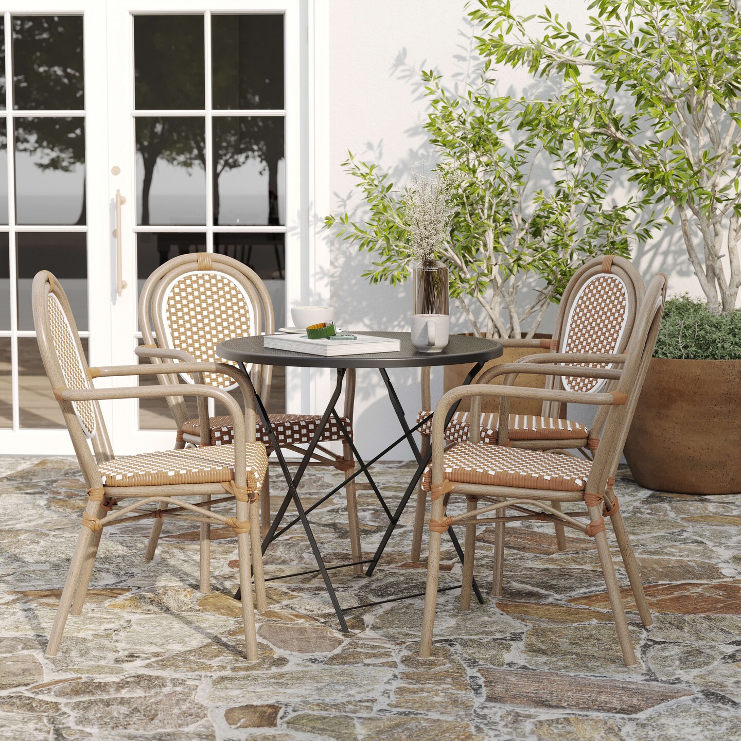 Merrick Lane Celia Set of Four Stacking Thonet Bistro Style Chair with Arms, PE Rattan Seat, and Metal Frame for Indoor/Outdoor Use