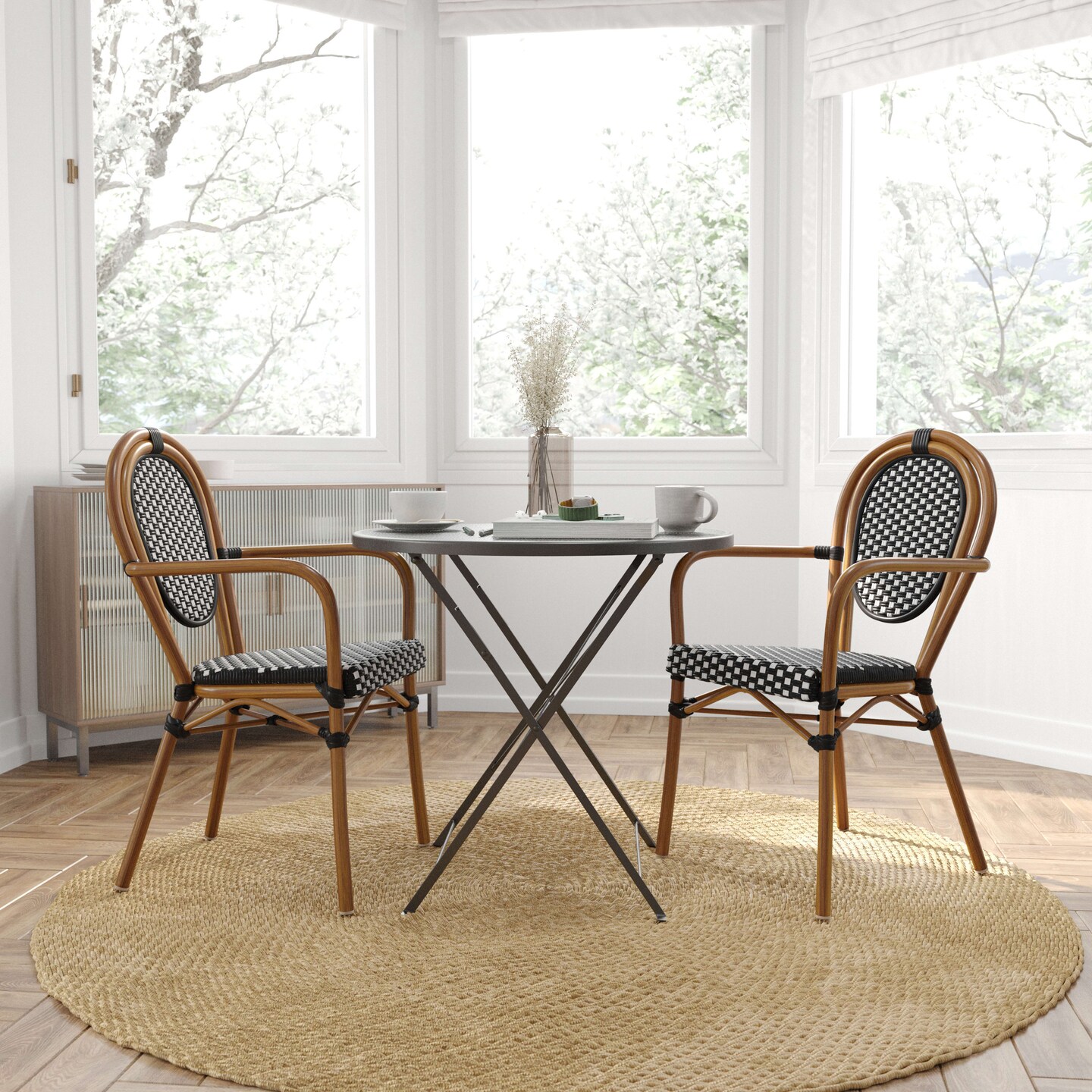 Merrick Lane Celia Set of Two Stacking Thonet Bistro Style Chair with Arms, PE Rattan Seat, and Metal Frame for Indoor/Outdoor Use