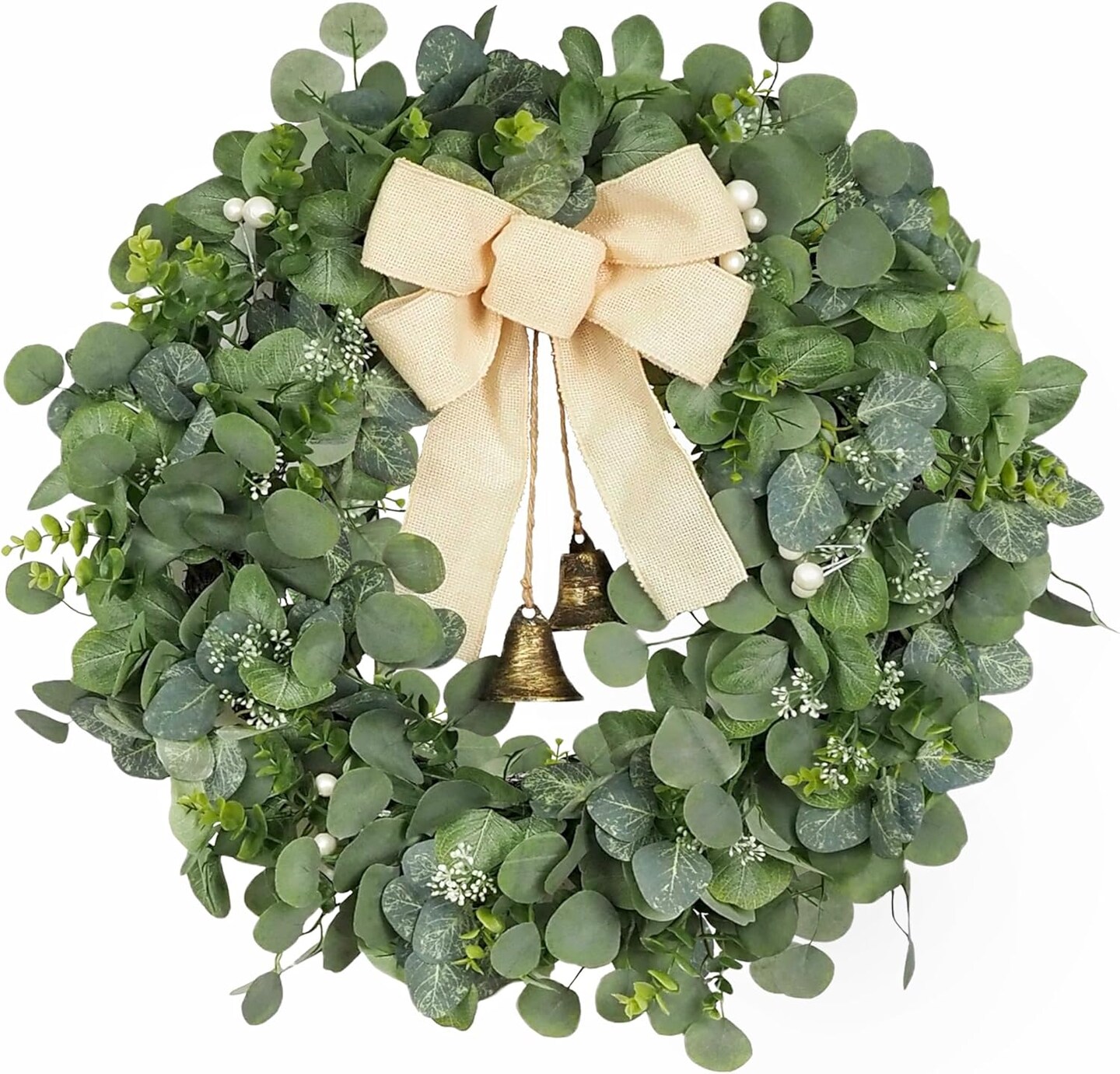 Large Eucalyptus Wreath with Burlap Bow and Metal Bells for Front Door