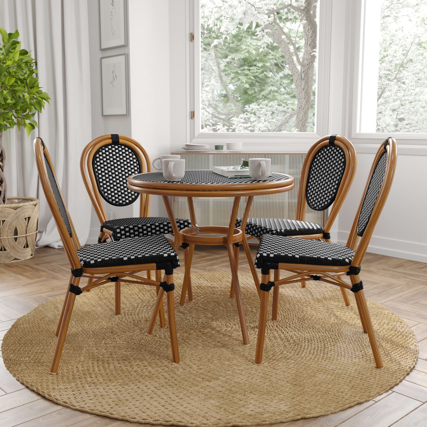 Merrick Lane Celia Set of Four Stacking Thonet Bistro Style Chair, PE Rattan Seat, and Metal Frame for Indoor/Outdoor Use