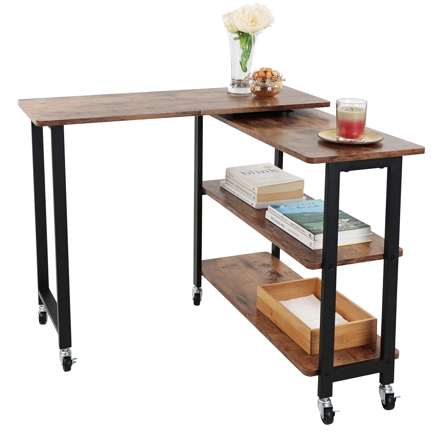 7Penn Side Couch Table Tray with Wheels - Rotating Sofa Side Table Swivel Desk