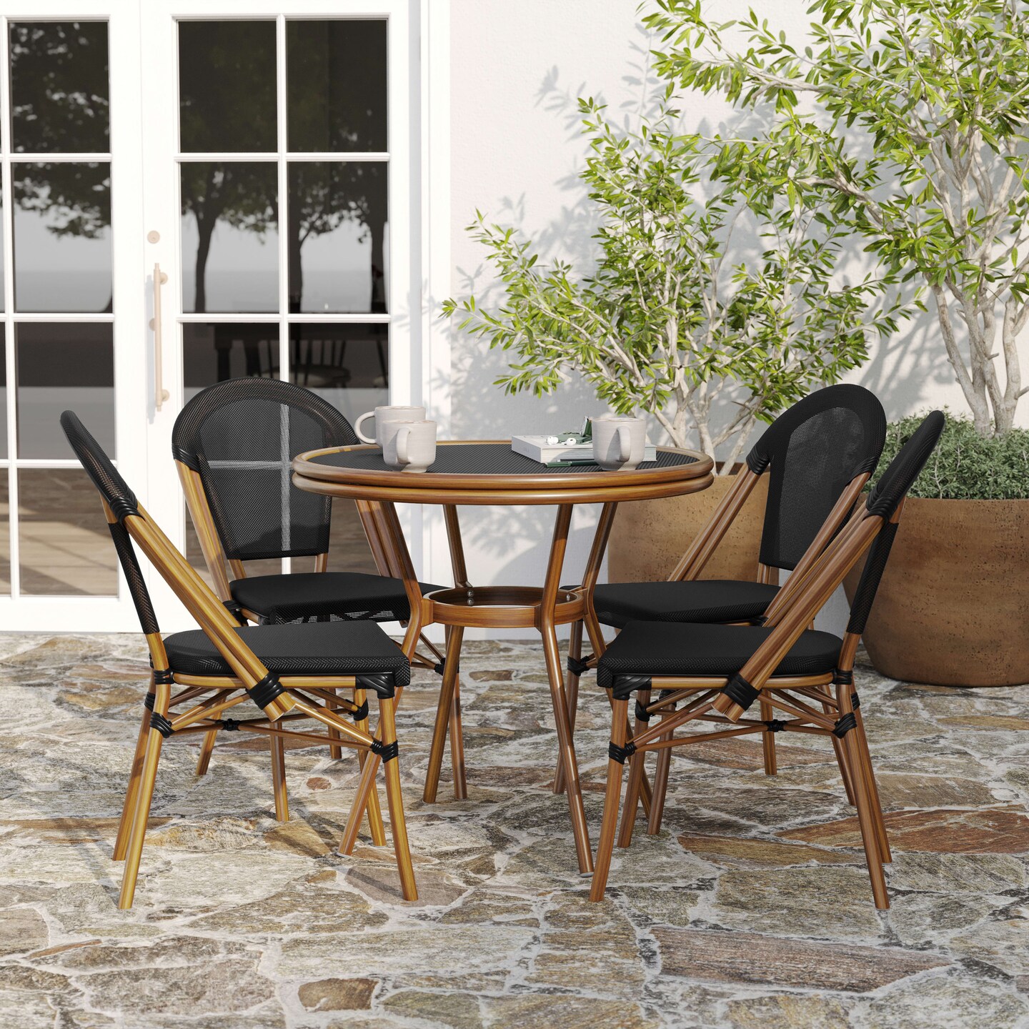 Merrick Lane Sacha Bistro Style Table with Glass Top, PE Rattan, 4 Stack Chairs, and Bamboo Finished Metal Frame for Indoor/Outdoor Use