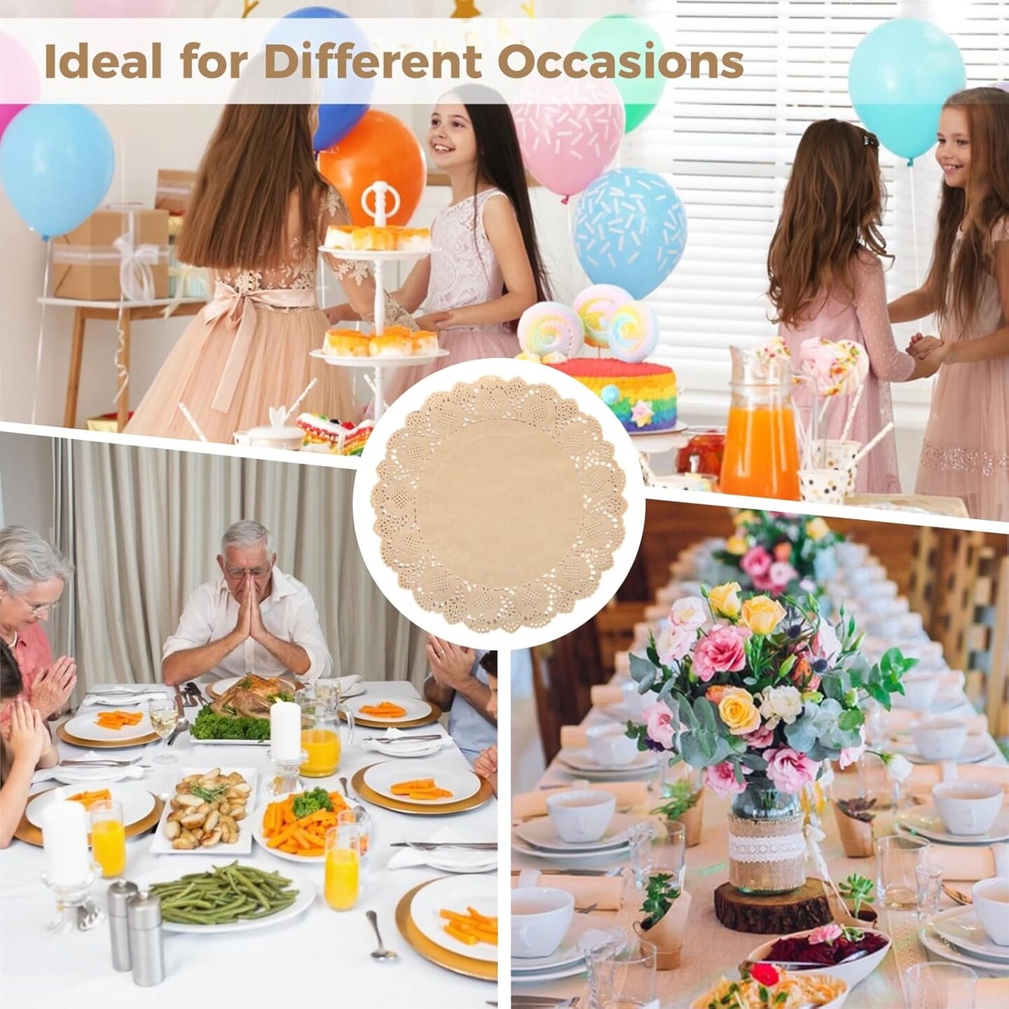 100 Pcs Round Paper Doilies, 13.5" Kraft Paper Placemats with Lace Edges, Disposable Decorative Place Mats, Paper Dining Table Pads
