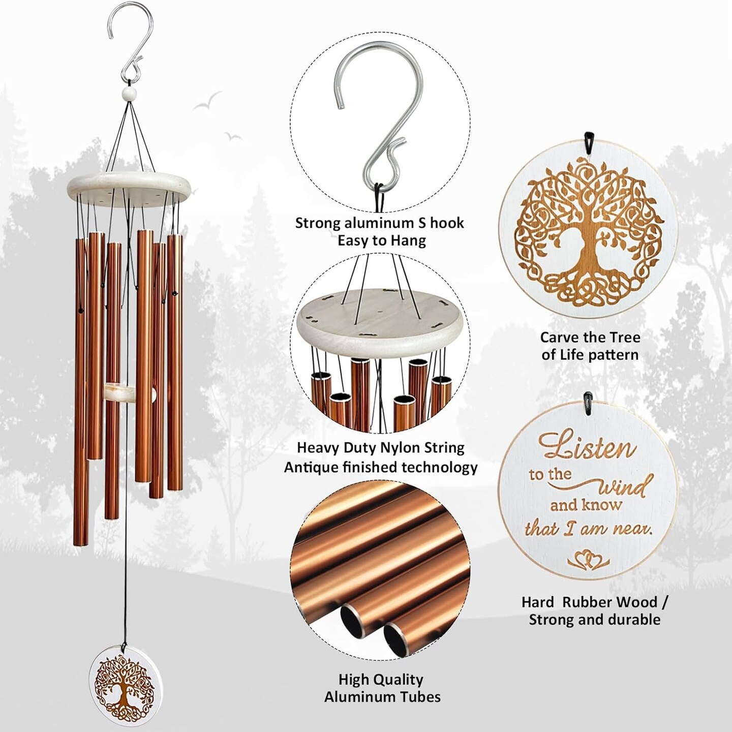 Wind Chimes for Outside,33&#x22; Engraved Tree of Life Memorial Sympathy Gifts Wind Chimes for Loss of Loved One,Gifts for Mother/Father,Wind Chimes Outdoor for Home Yard Garden Decor(Copper)