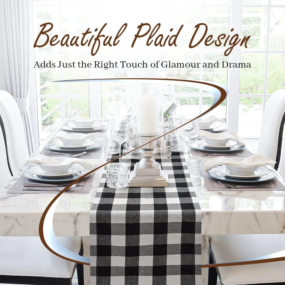 Plaid Checkered Table Runner - Washable Indoors or Outdoors Black and White