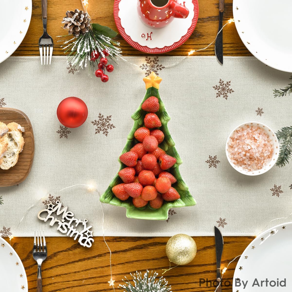 Xmas Pine Ornament Snowflake Merry Christmas Table Runner, Seasonal Winter Kitchen Dining Table Decoration for Home Party Decor 13x72 Inch