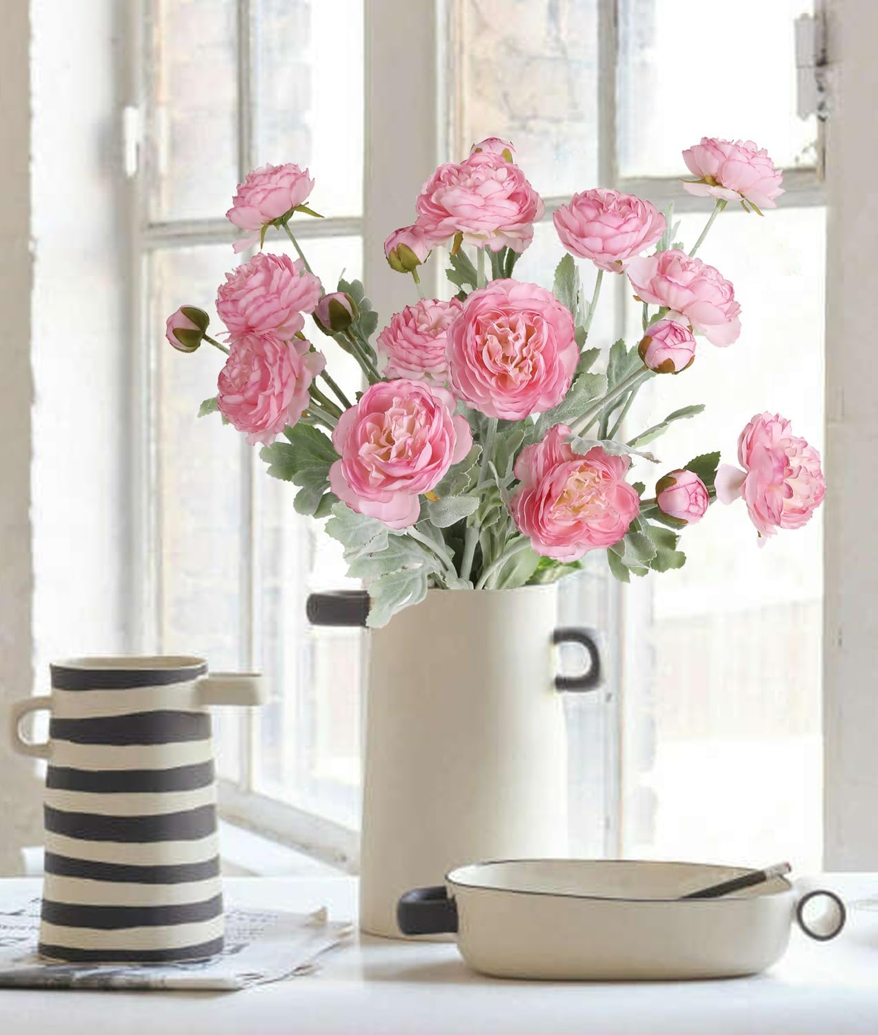 Pink Peonies Artificial Flowers 6pcs Pink Artificial Ranunculus Flowers18Heads Pink Silk Peonies with Stems Real Look for Spring Decorations Floral Arrangements Home Table Centerpiece