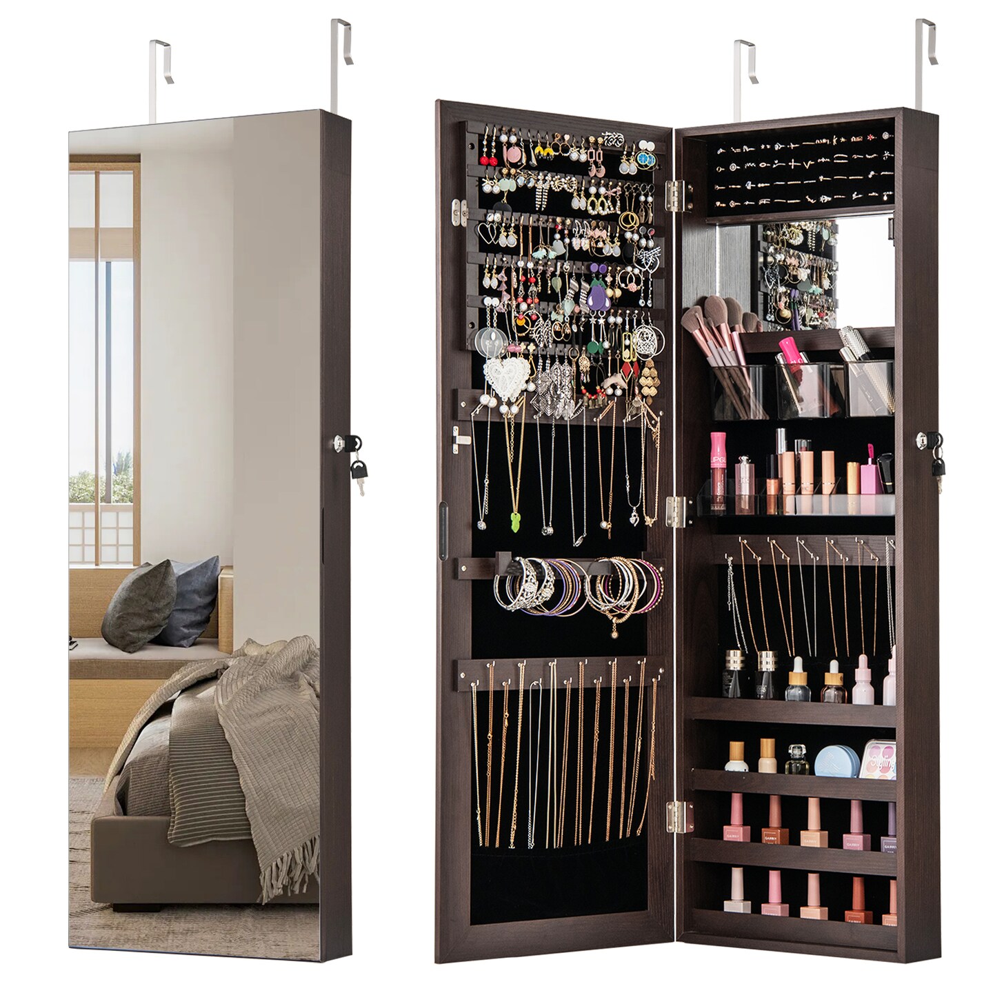 43.5 Inch Jewelry Mirror Cabinet with Full-length Mirror and Adjustable Hangers