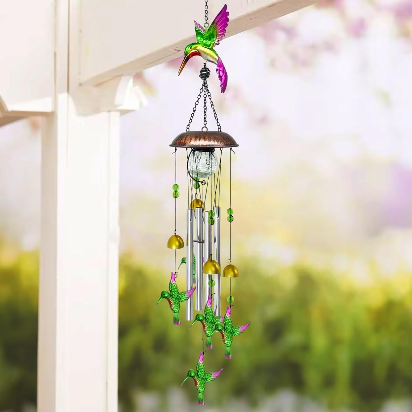 Solar Wind Chimes for Outside, 33.5 Inch Hummingbird Wind Chimes Outdoors with Crackled Glass Ball Decorative