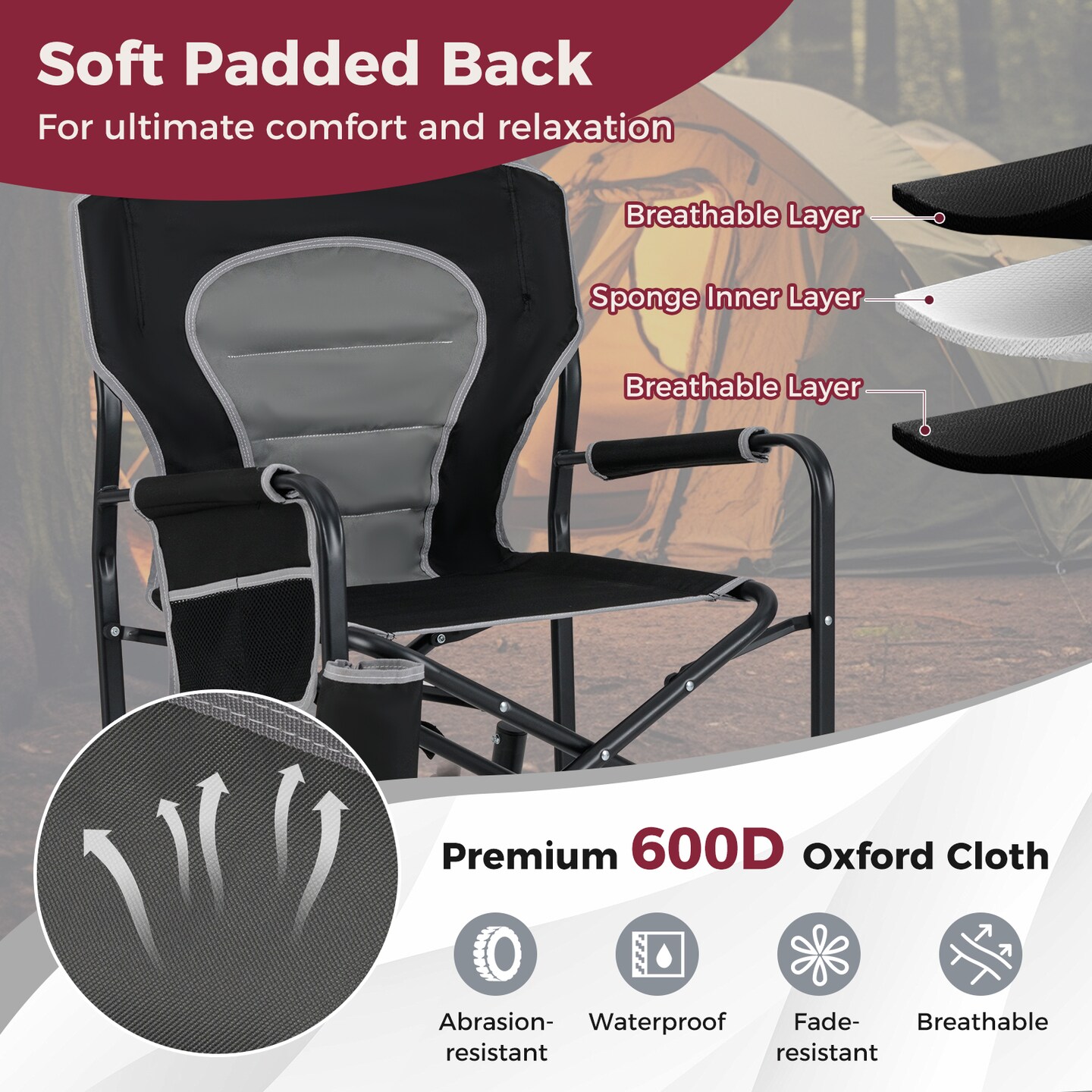 Oxford Rocking Camping Chair with Cup Holder and Storage Pocket