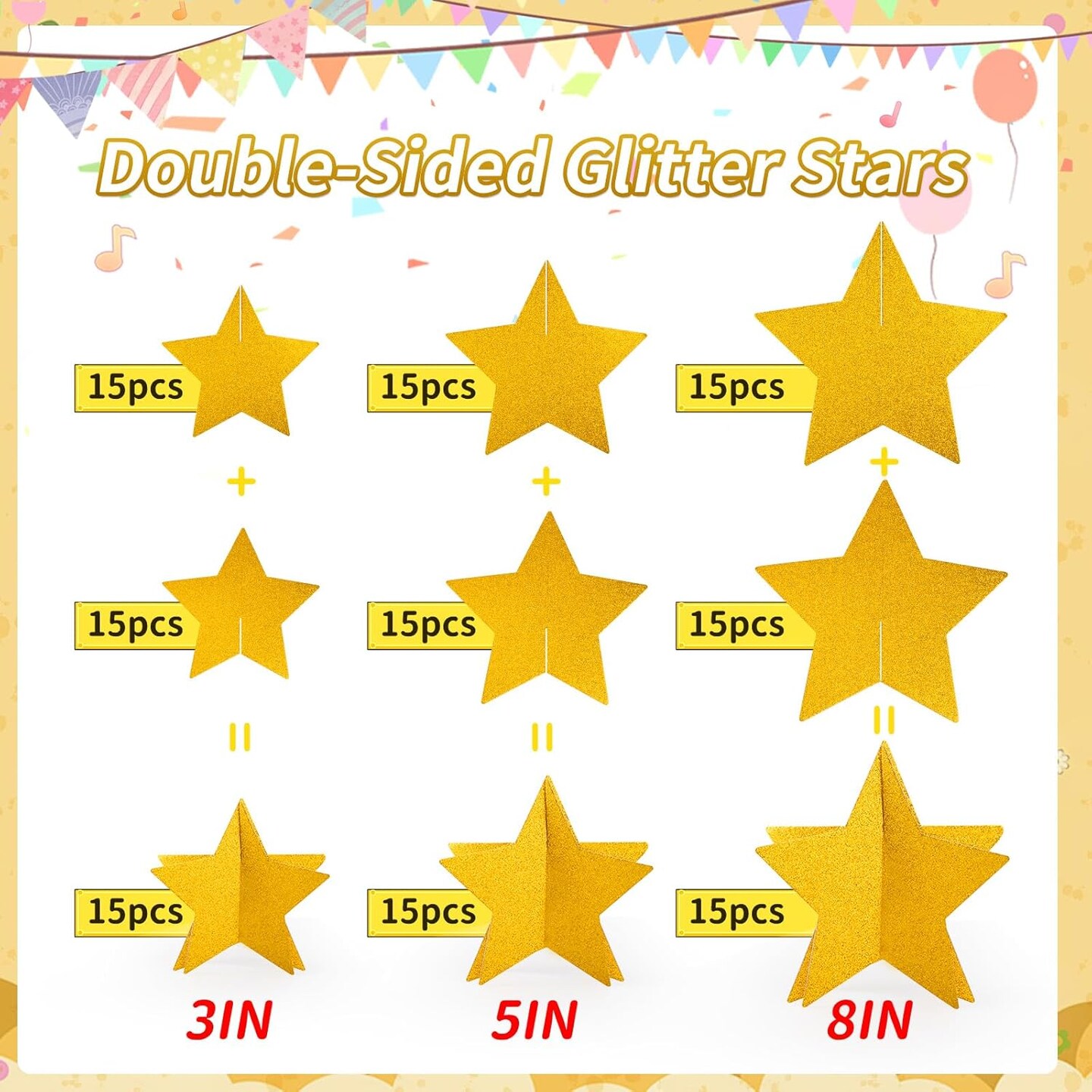 45 PCS 3D Gold Star Cutouts Decor Set Party Decorations