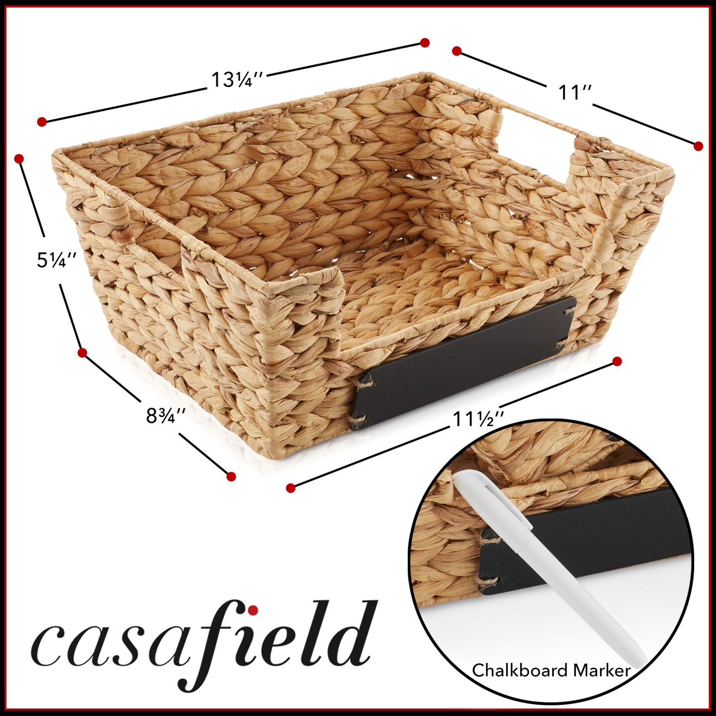 Casafield Set of 2 Water Hyacinth Seagrass Pantry Baskets with Handles, Chalkboard Labels, and Marker, Wide Woven Storage Bin Organizers for Kitchen