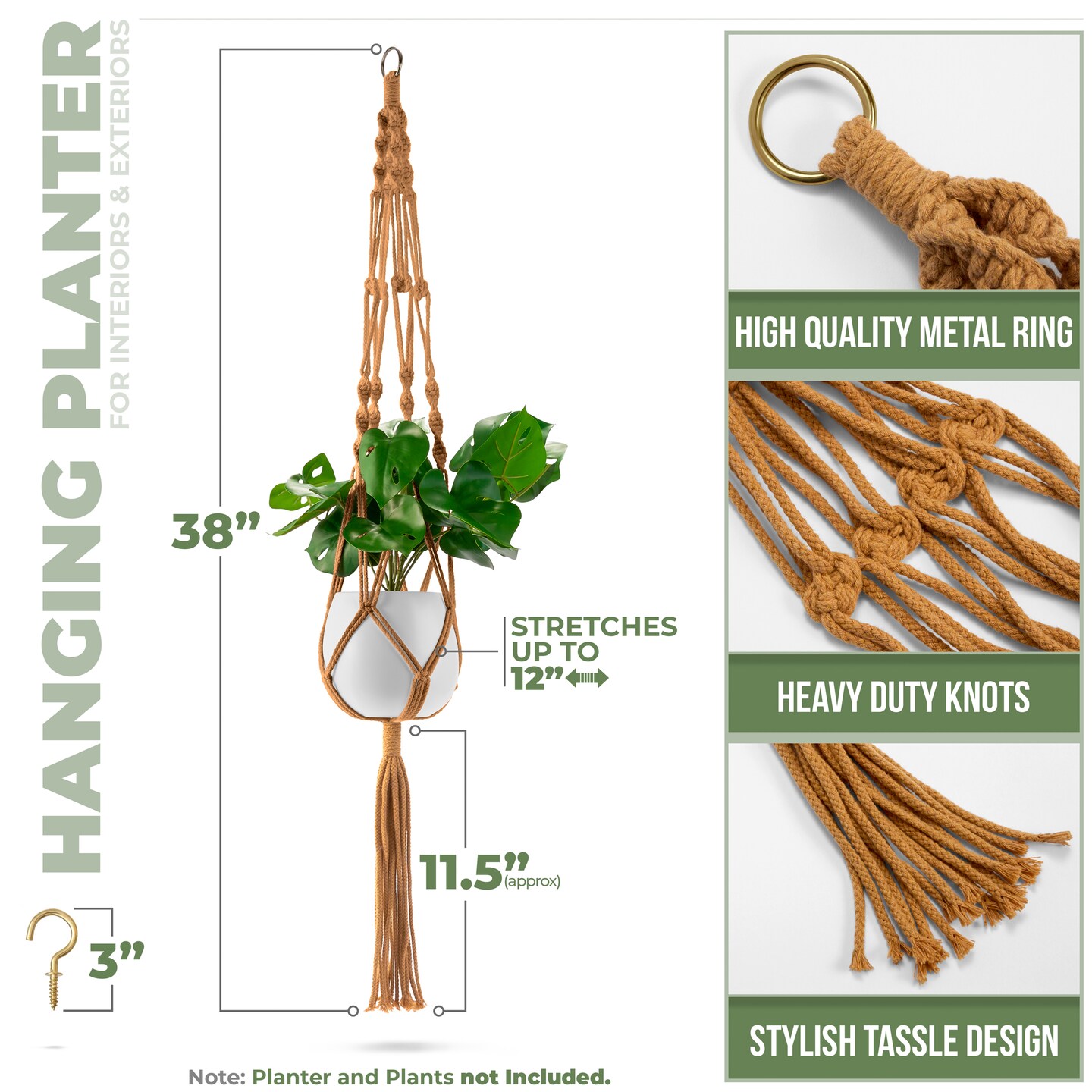 Sorbus Macrame Plant Hanger (4 Pack) Indoor Outdoor Hanging Plant Pots Cotton Rope, Elegant for Home, Patio, Garden (Black)