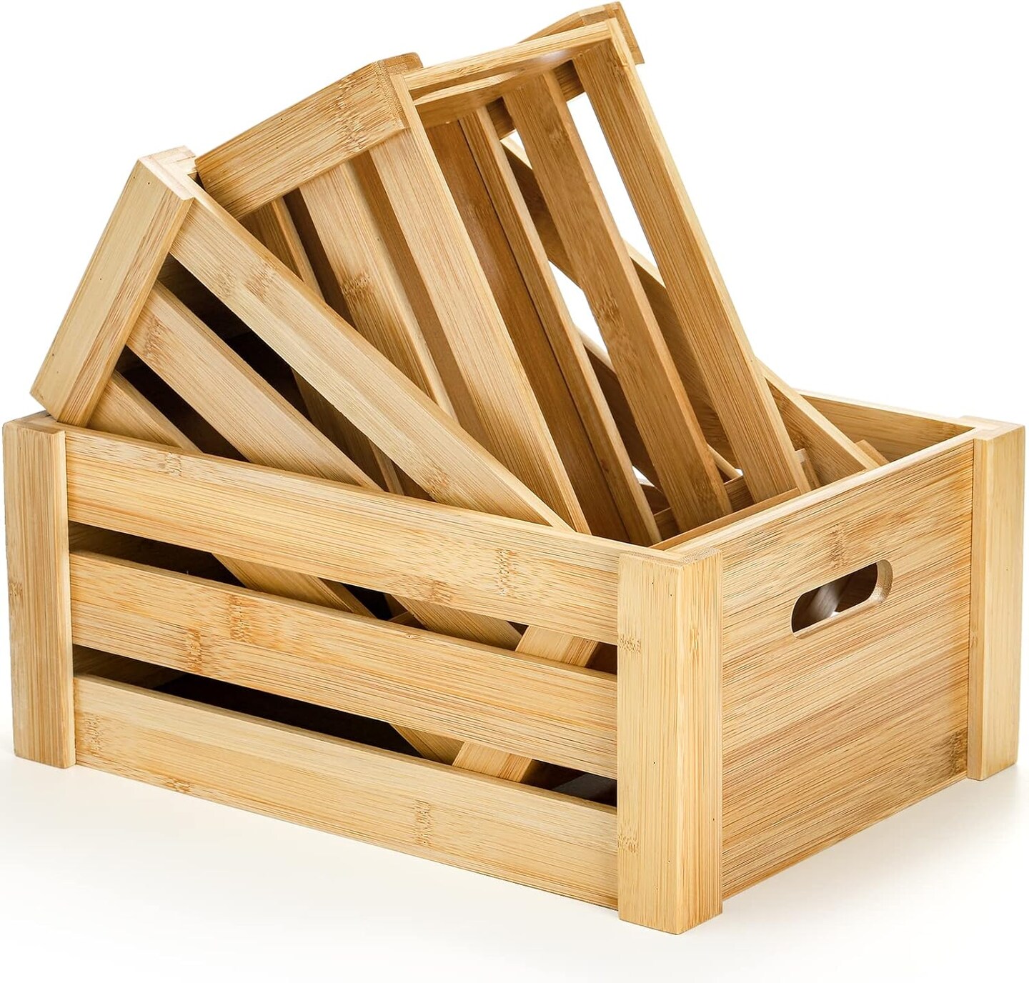 Set of 3 Bamboo Nesting Crates with Handles, Rustic Decorative Storage Container Box, Crate Box for Display, Farmhouse Bamboo Basket Bins for Fruit, Vegetable, Kitchen, Office, Bedroom, Closet
