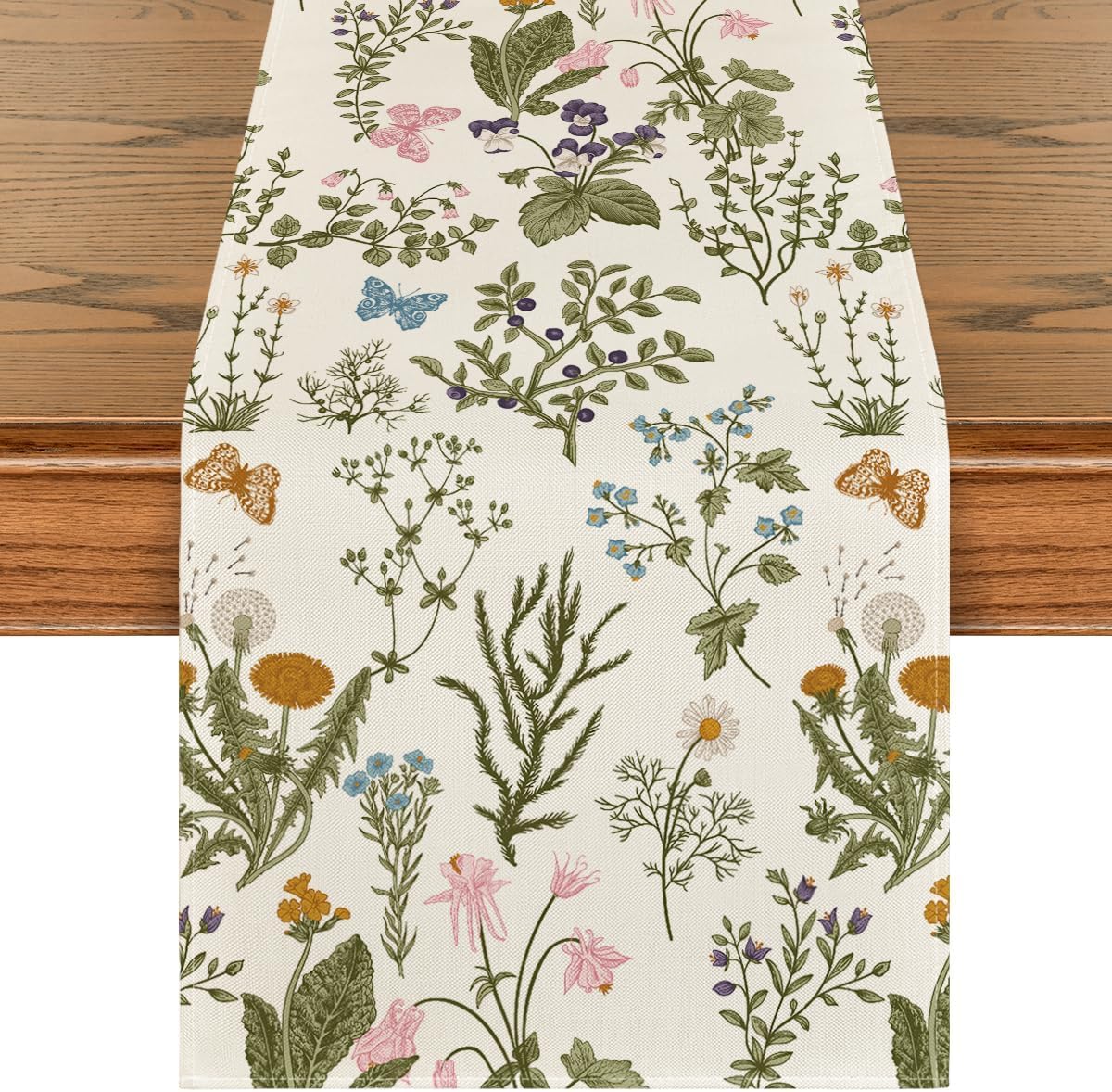 Wildflowers Floral Spring Table Runner, Seasonal Summer Butterfly Kitchen Dining Table Decoration